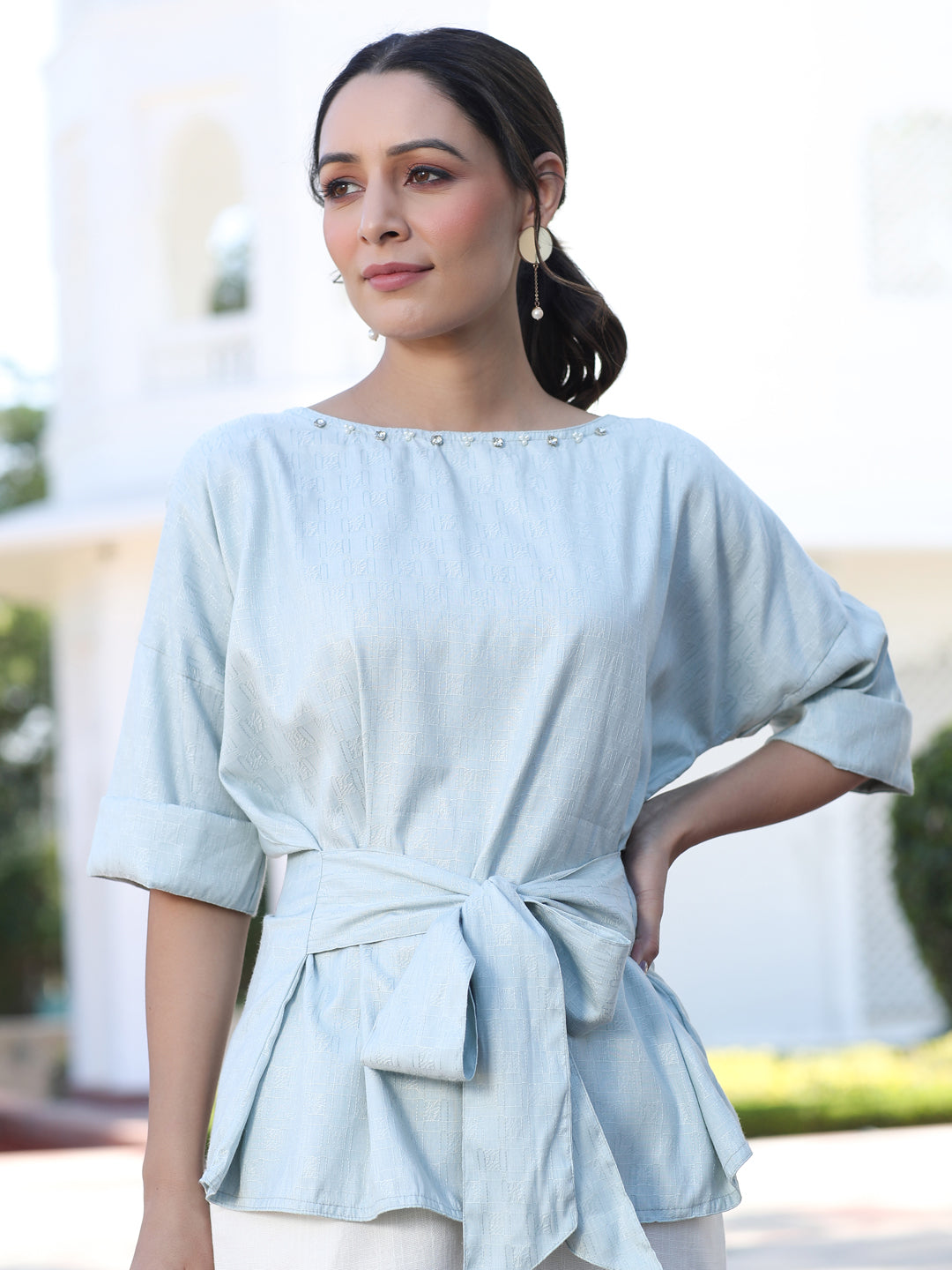 Light Blue Color Self Weaved Embellished Top With Tie-Up Belt