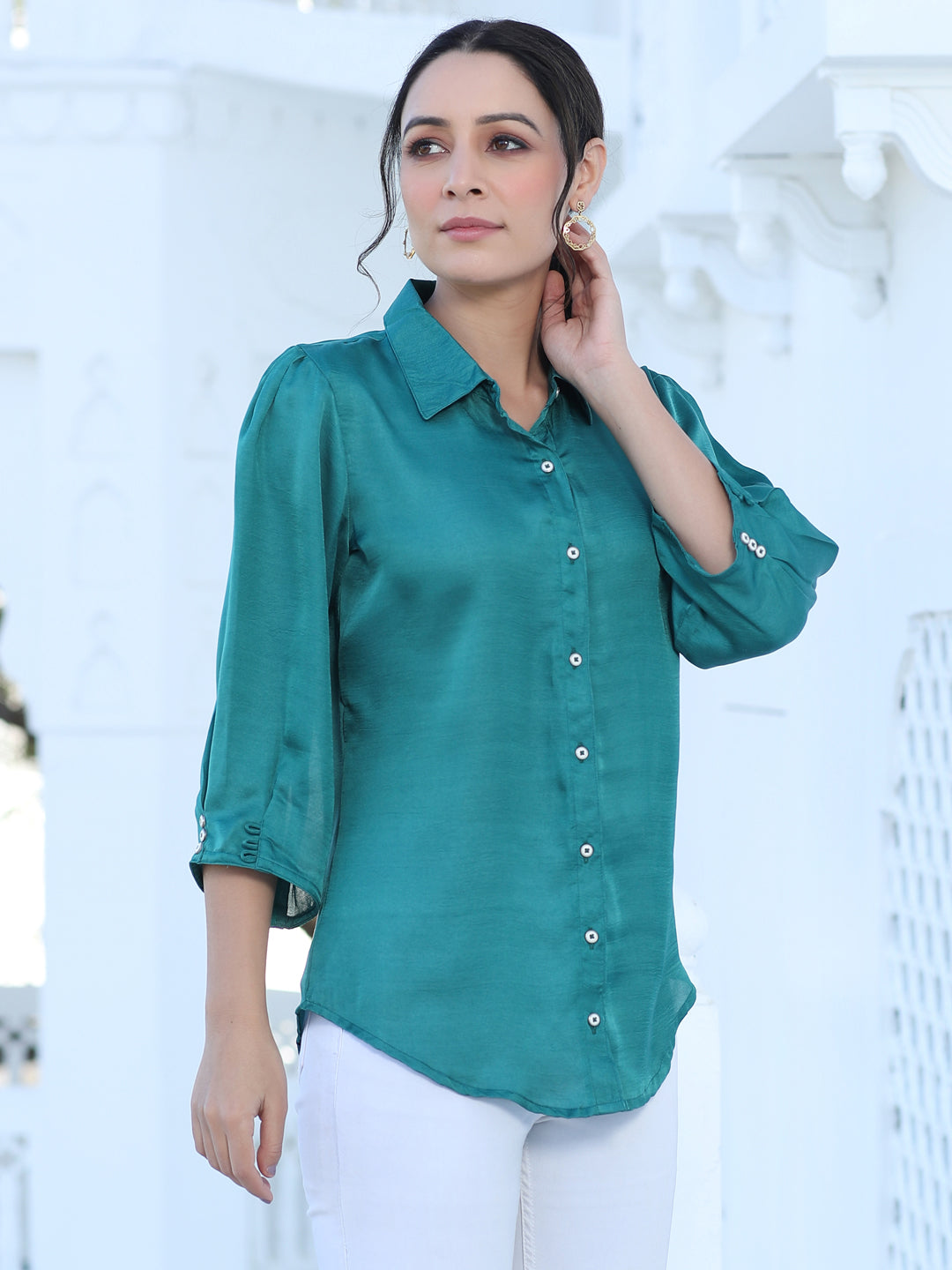 Green Color Silk Blend Solid Shirt With Puffed Sleeves And Front Opening