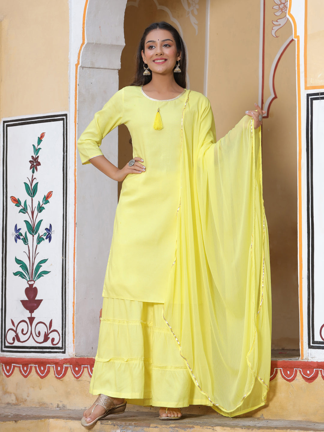 Yellow Solid Rayon Dobby Kurta Set