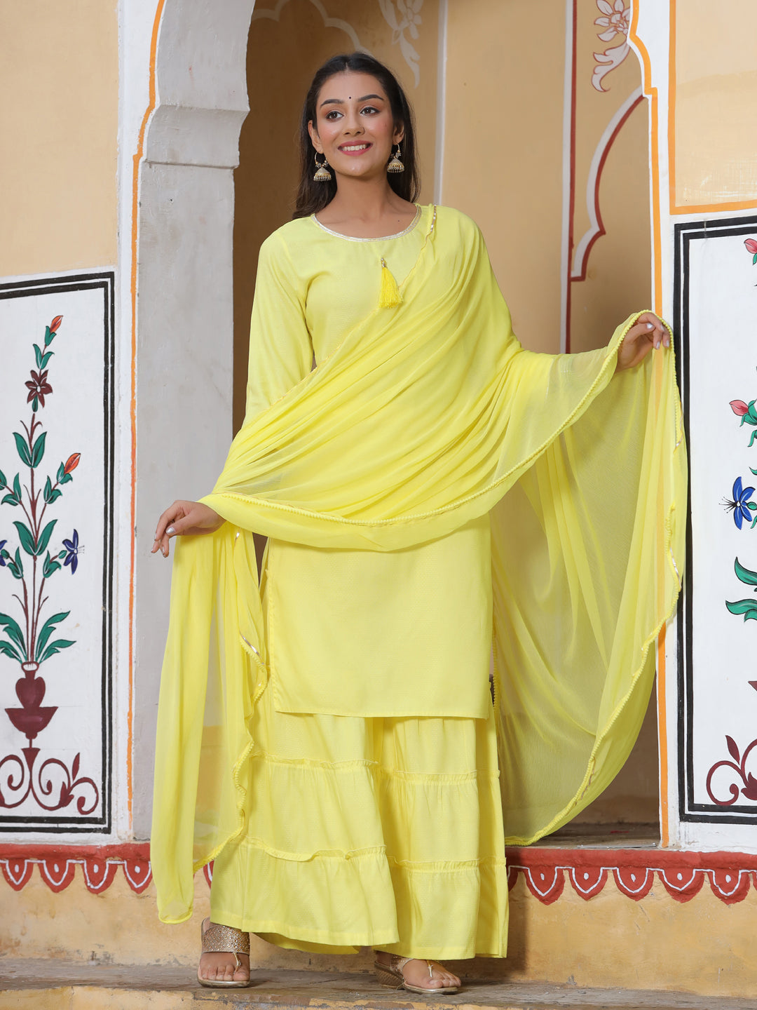 Yellow Solid Rayon Dobby Kurta Set