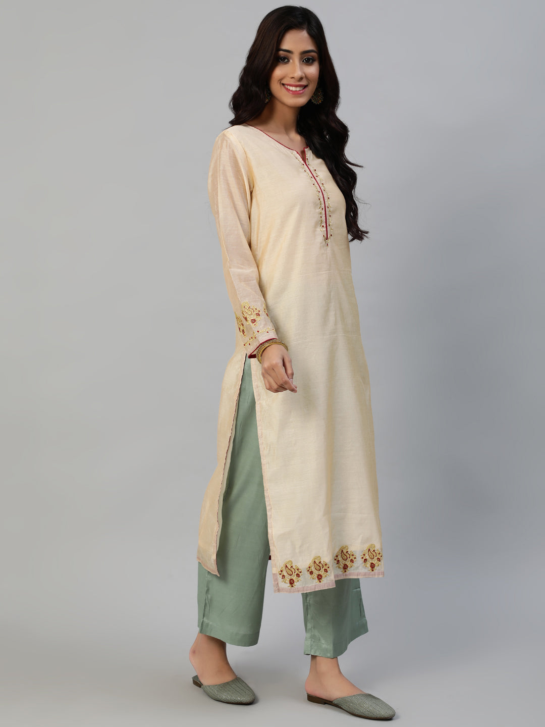 Cream Woven Design Straight Chanderi Silk Kurta With Palazzo And Dupatta