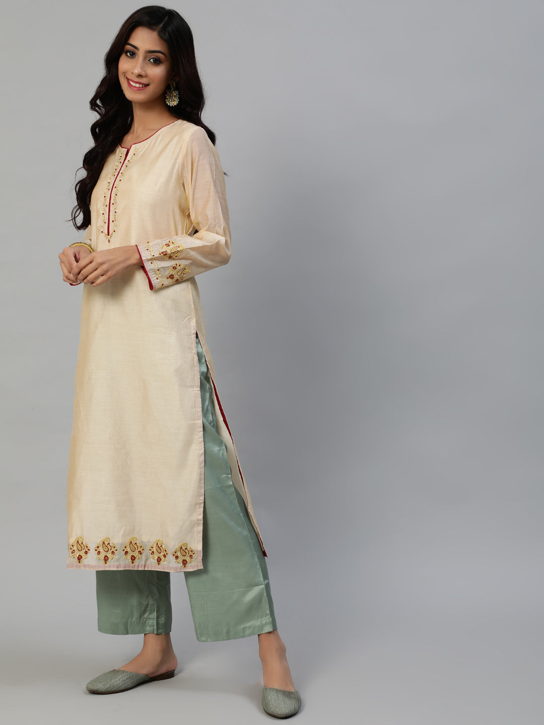 Cream Woven Design Straight Chanderi Silk Kurta With Palazzo And Dupatta