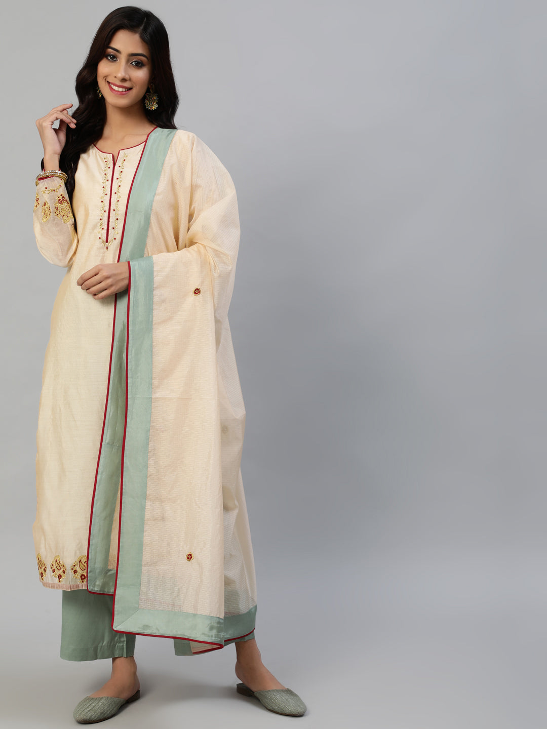 Cream Woven Design Straight Chanderi Silk Kurta With Palazzo And Dupatta