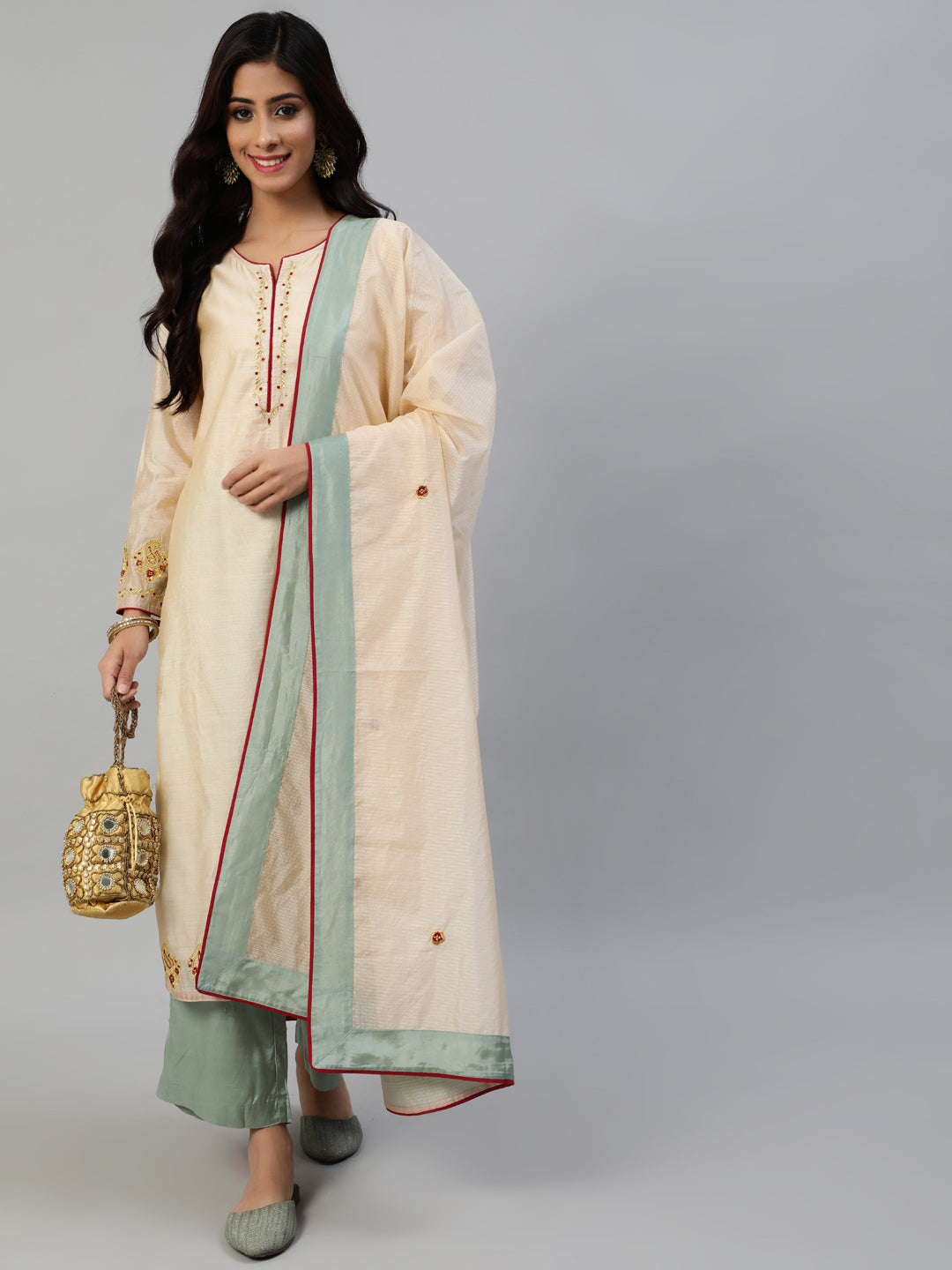 Cream Woven Design Straight Chanderi Silk Kurta With Palazzo And Dupatta