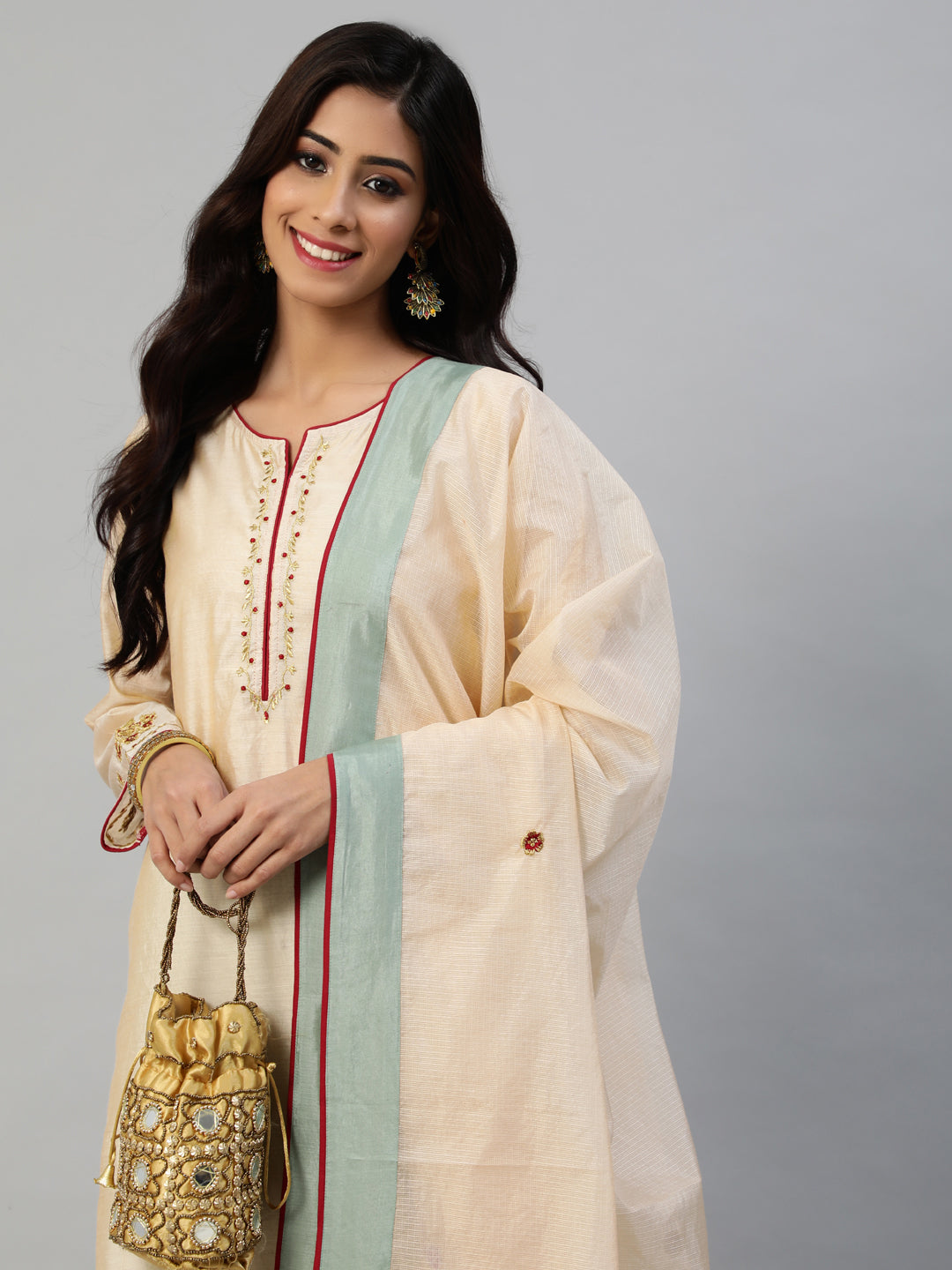 Cream Woven Design Straight Chanderi Silk Kurta With Palazzo And Dupatta