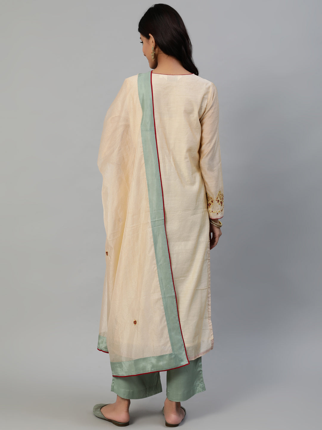 Cream Woven Design Straight Chanderi Silk Kurta With Palazzo And Dupatta