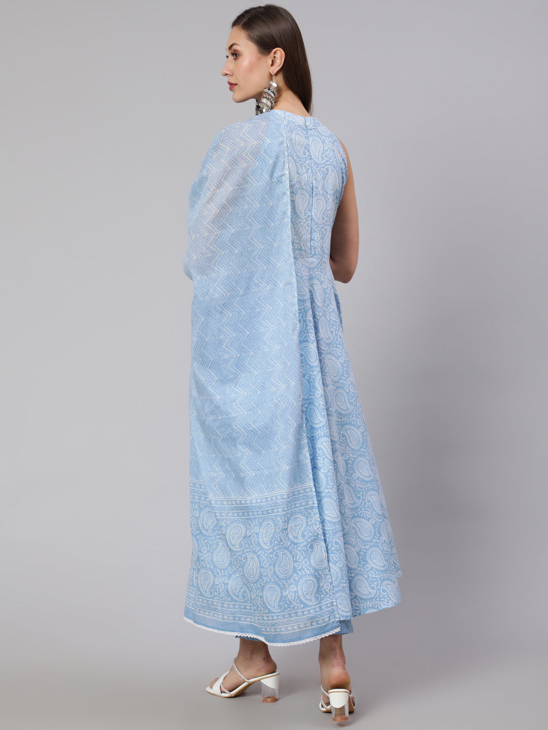 Blue Printed Halter Neck Kurta With Printed Pants And  Dupatta