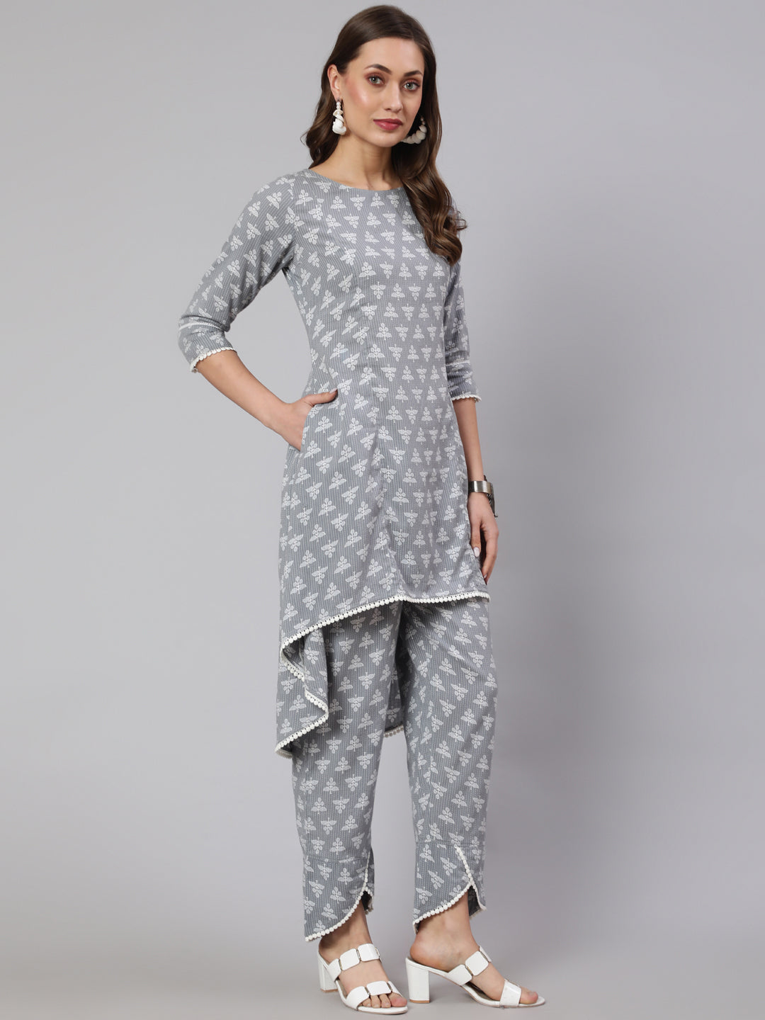 Grey Woven Asymmetric Hemline Printed Kurta With Tulip Palazzo