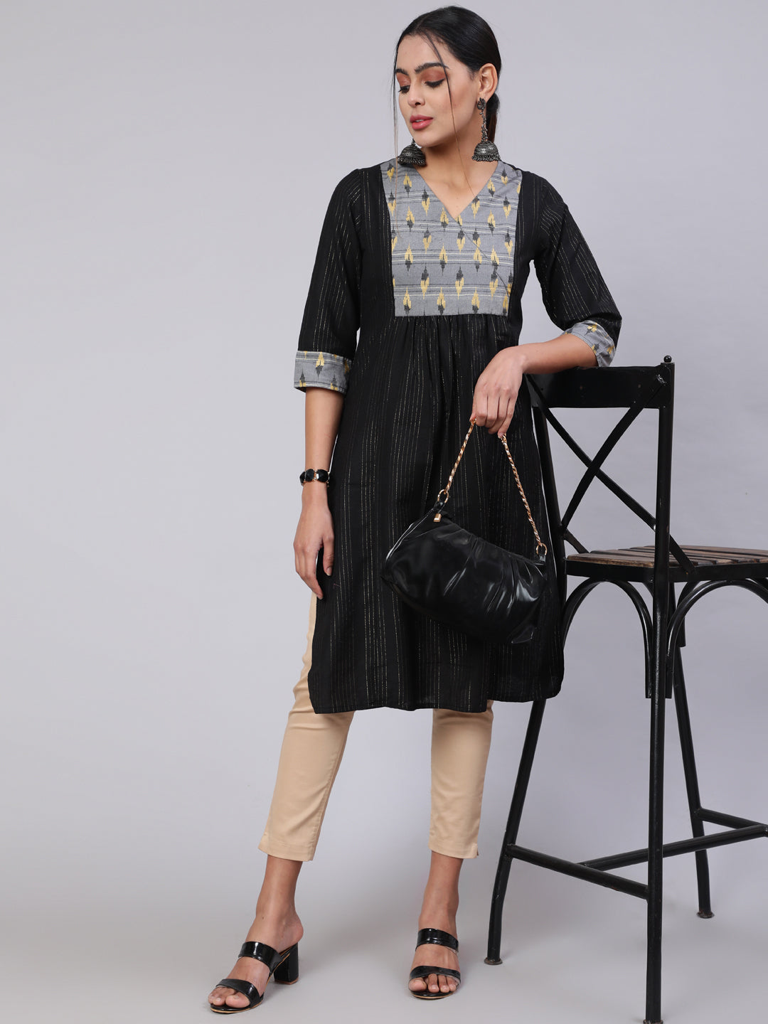 Black Self Weave Straight Kurta