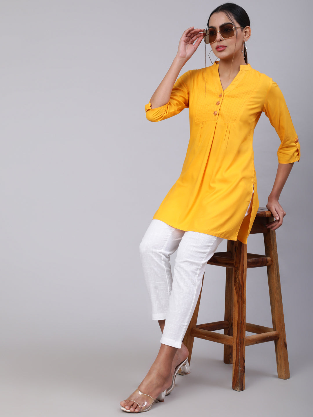 Yellow Solid Gathered Short Kurta