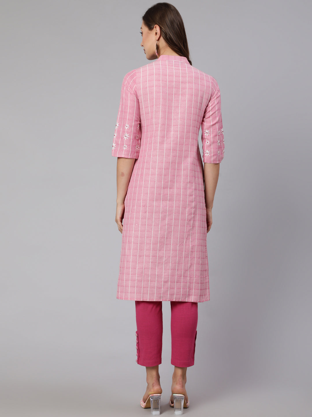 Pink Self Weaved Checkered Straight Embroidered Kurta With Pants