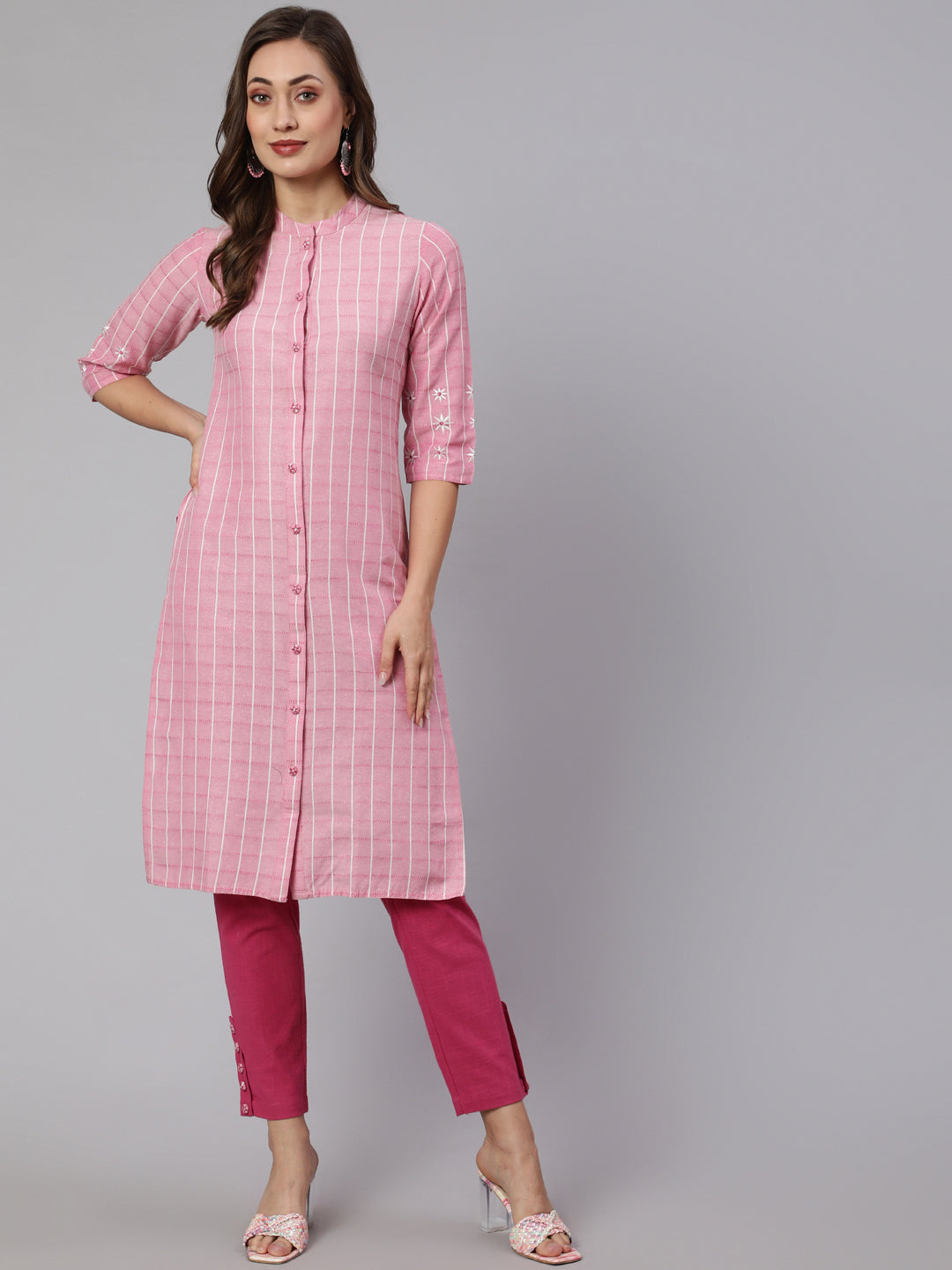 Pink Self Weaved Checkered Straight Embroidered Kurta With Pants