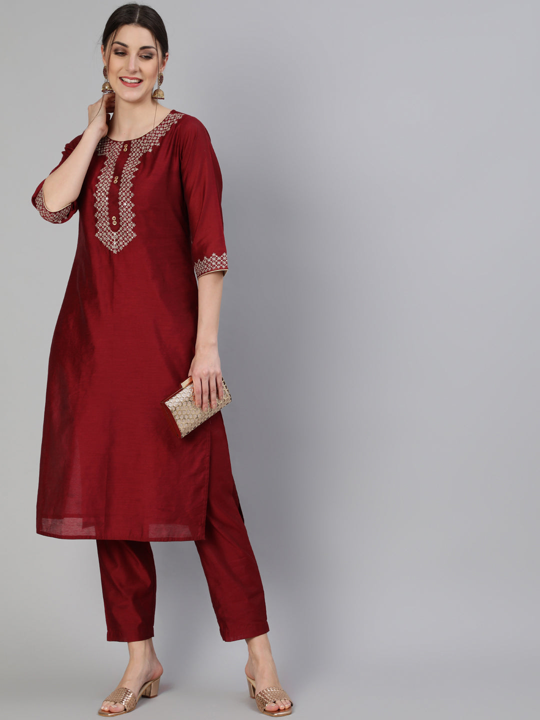 Maroon Chanderi Embroidered Straight Kurta With Pants