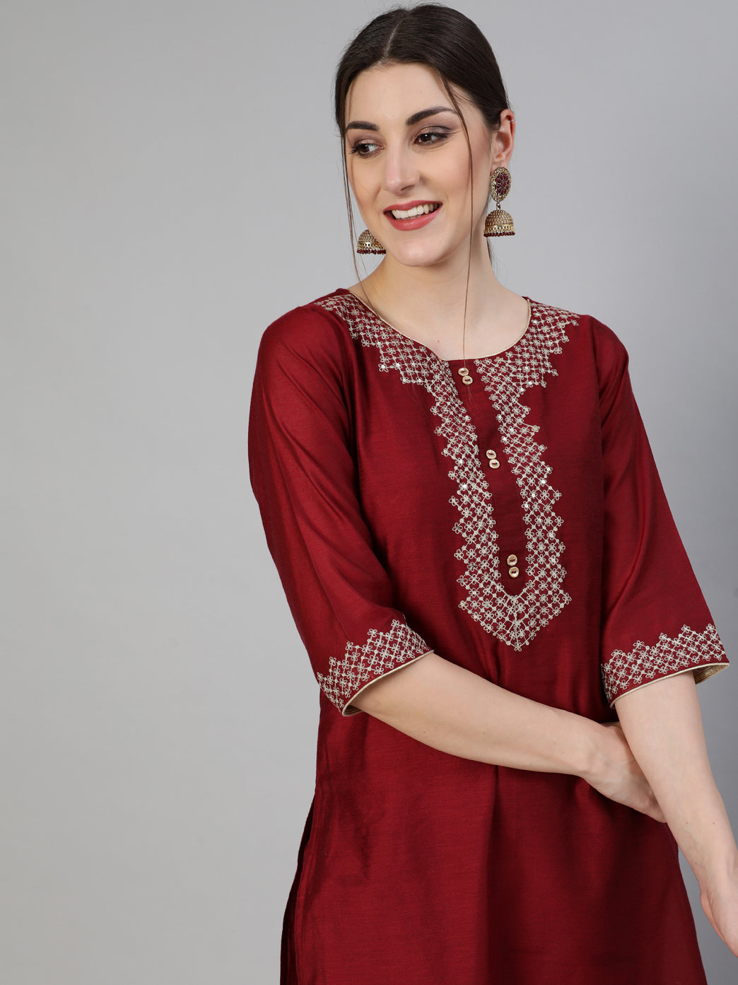 Maroon Chanderi Embroidered Straight Kurta With Pants