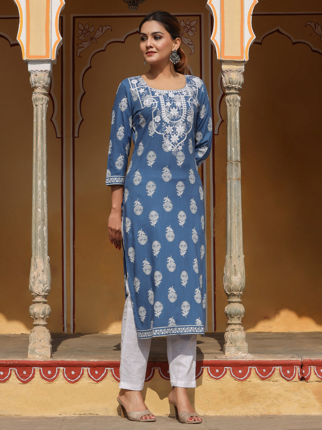 Blue Heavy Embroidered Khadi Print Straight Kurta