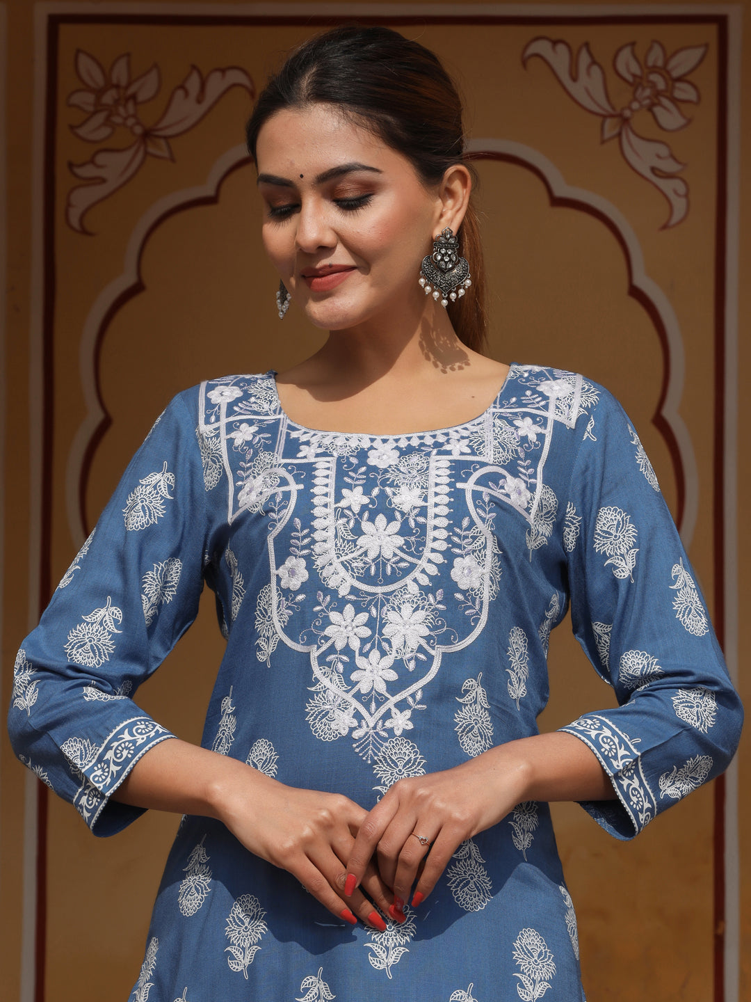 Blue Heavy Embroidered Khadi Print Straight Kurta