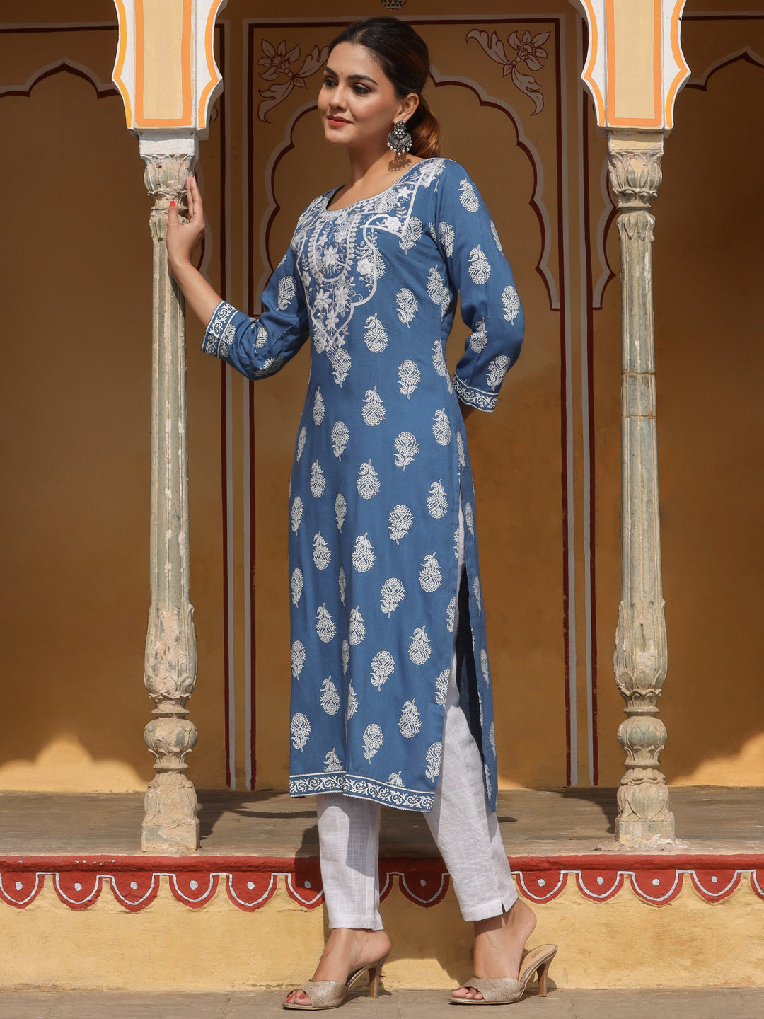 Blue Heavy Embroidered Khadi Print Straight Kurta