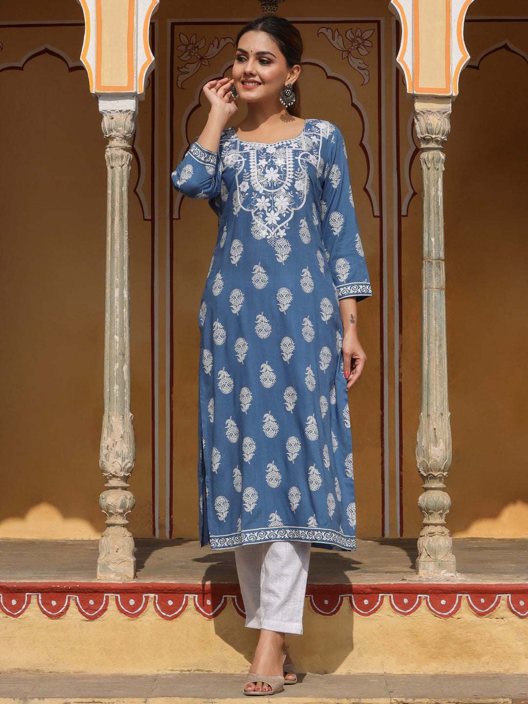 Blue Heavy Embroidered Khadi Print Straight Kurta