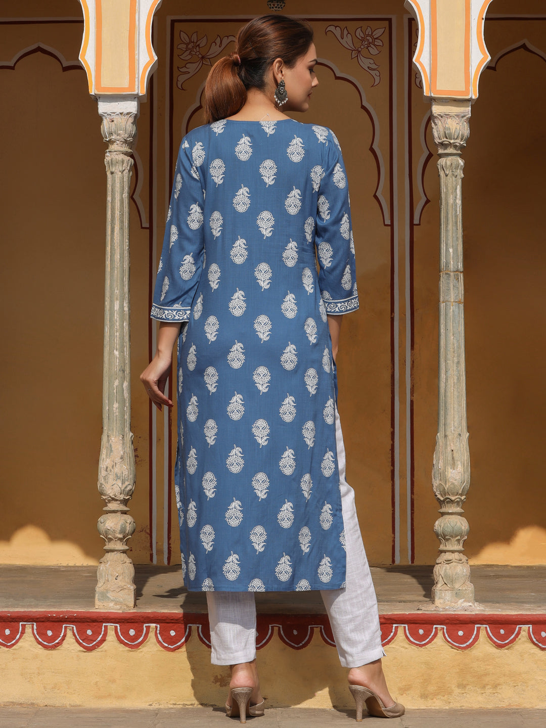 Blue Heavy Embroidered Khadi Print Straight Kurta