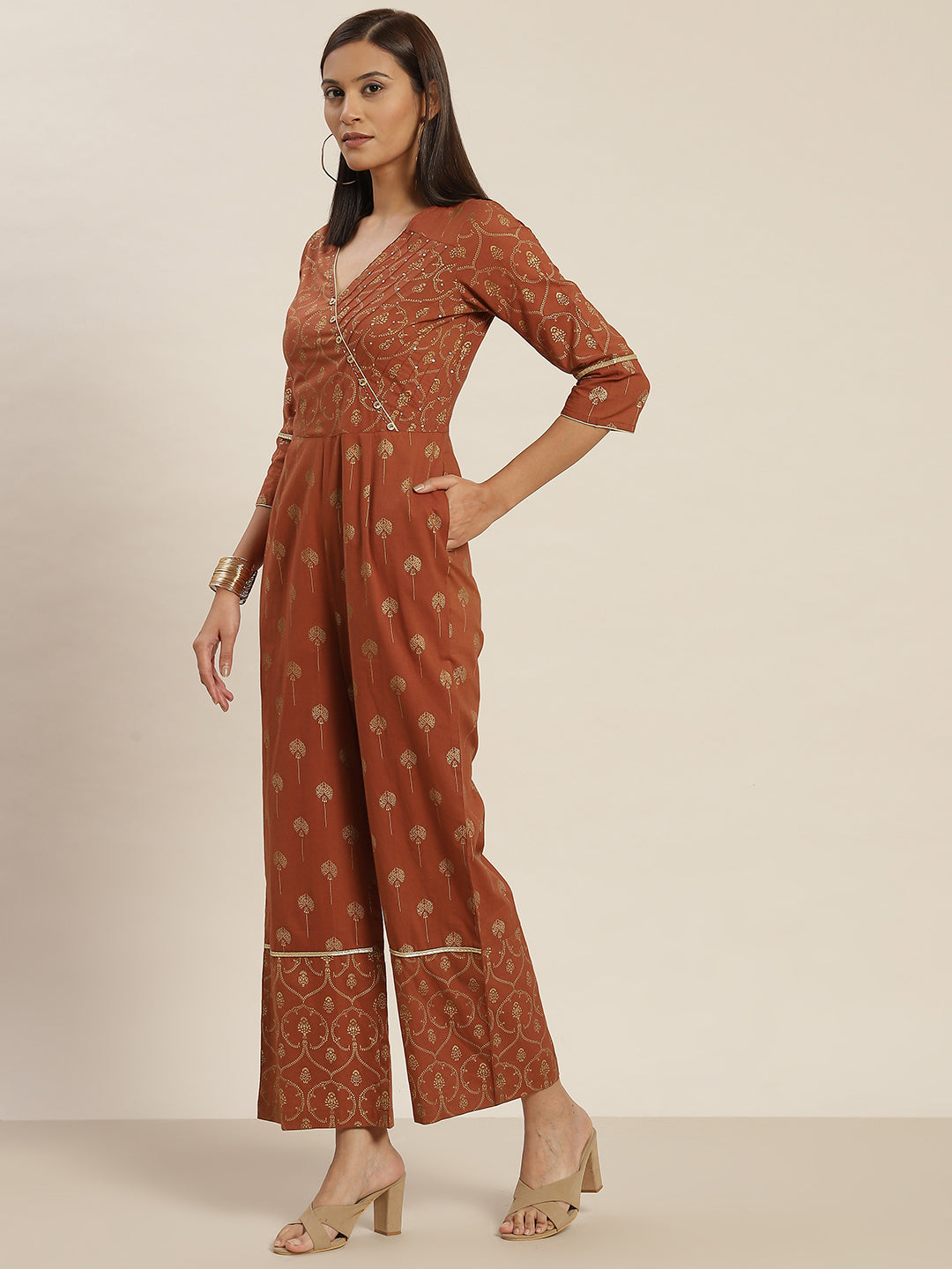 Golden Pigment Print Cotton Rust Ethinic Jumpsuit With Angrakha Style Neckline