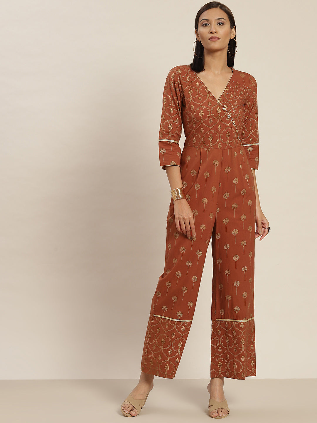 Golden Pigment Print Cotton Rust Ethinic Jumpsuit With Angrakha Style Neckline