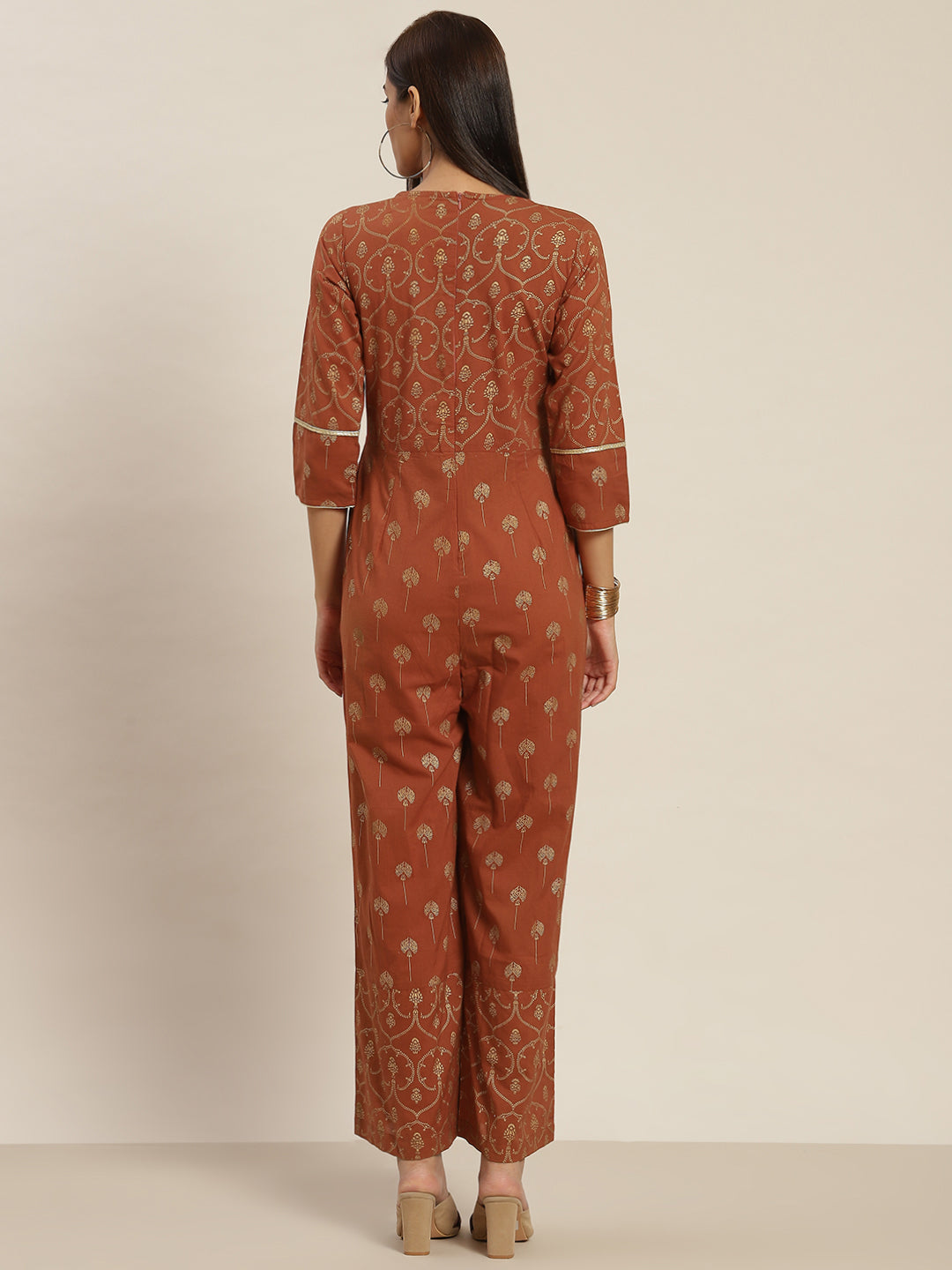 Golden Pigment Print Cotton Rust Ethinic Jumpsuit With Angrakha Style Neckline