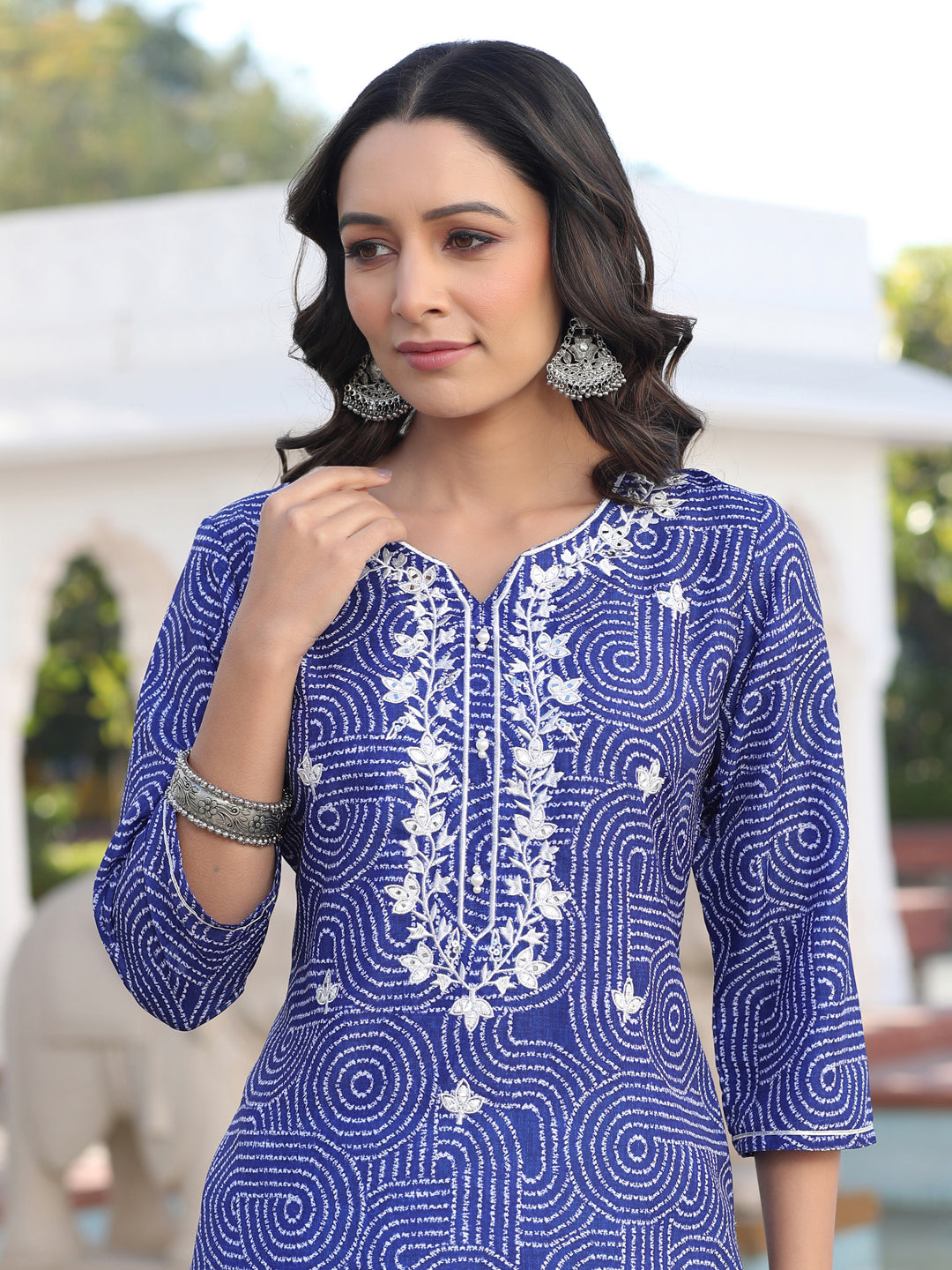 Blue Mirror Work Embroidered Muslin Straight Kurta