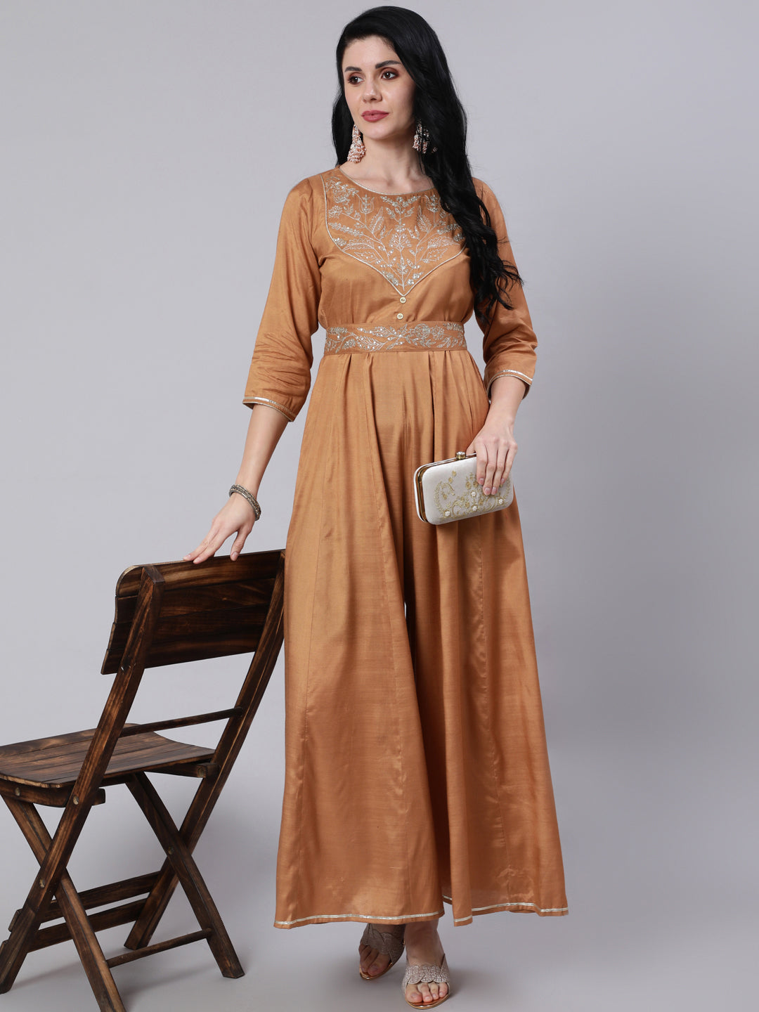 Camel Brown Silk Blend Embroidered Kali Jumsuit With Embroidered Belt