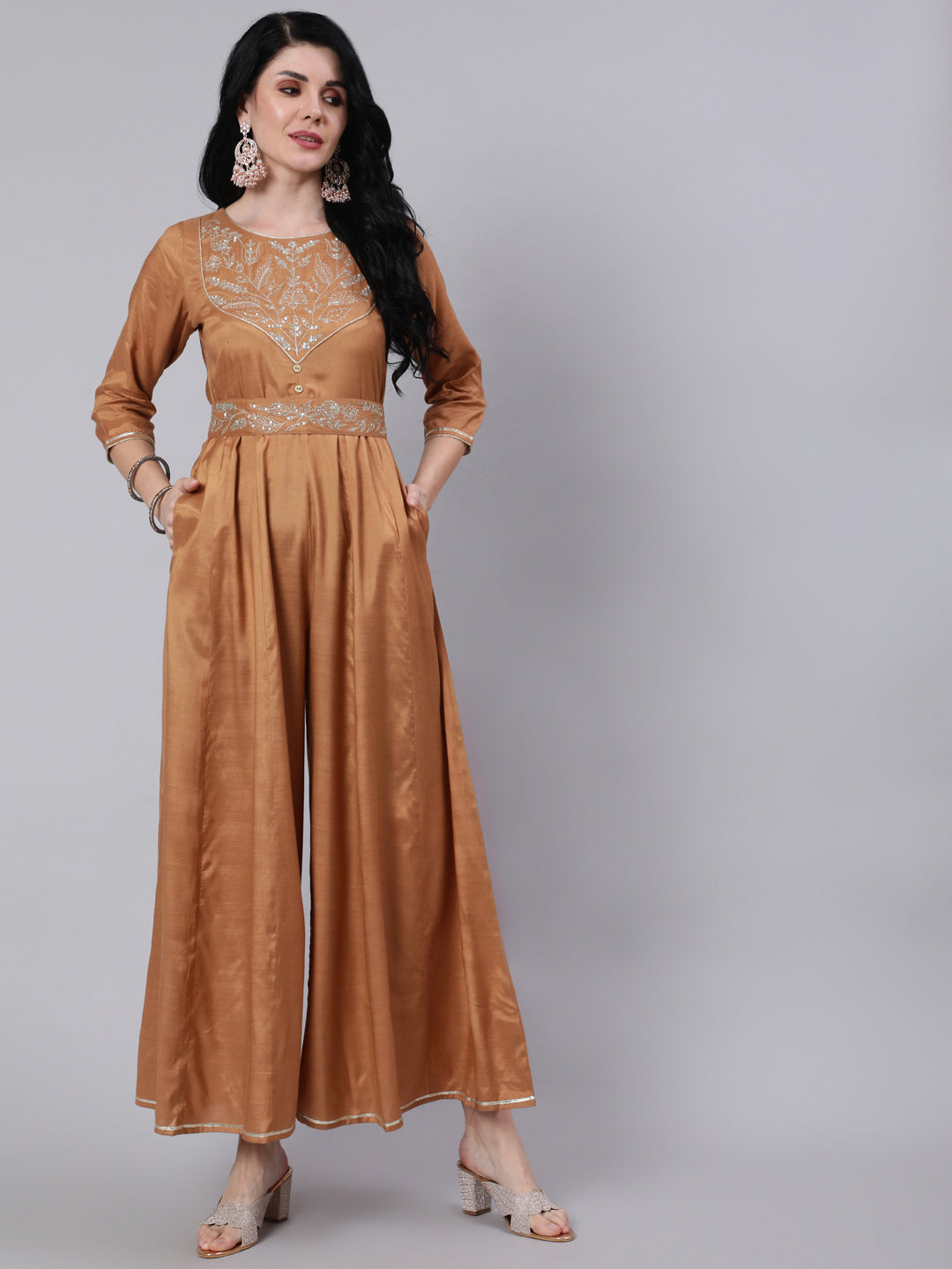 Camel Brown Silk Blend Embroidered Kali Jumsuit With Embroidered Belt