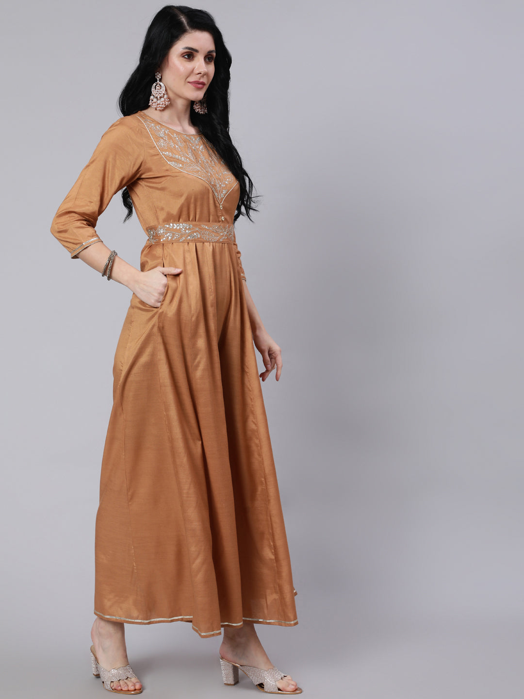 Camel Brown Silk Blend Embroidered Kali Jumsuit With Embroidered Belt