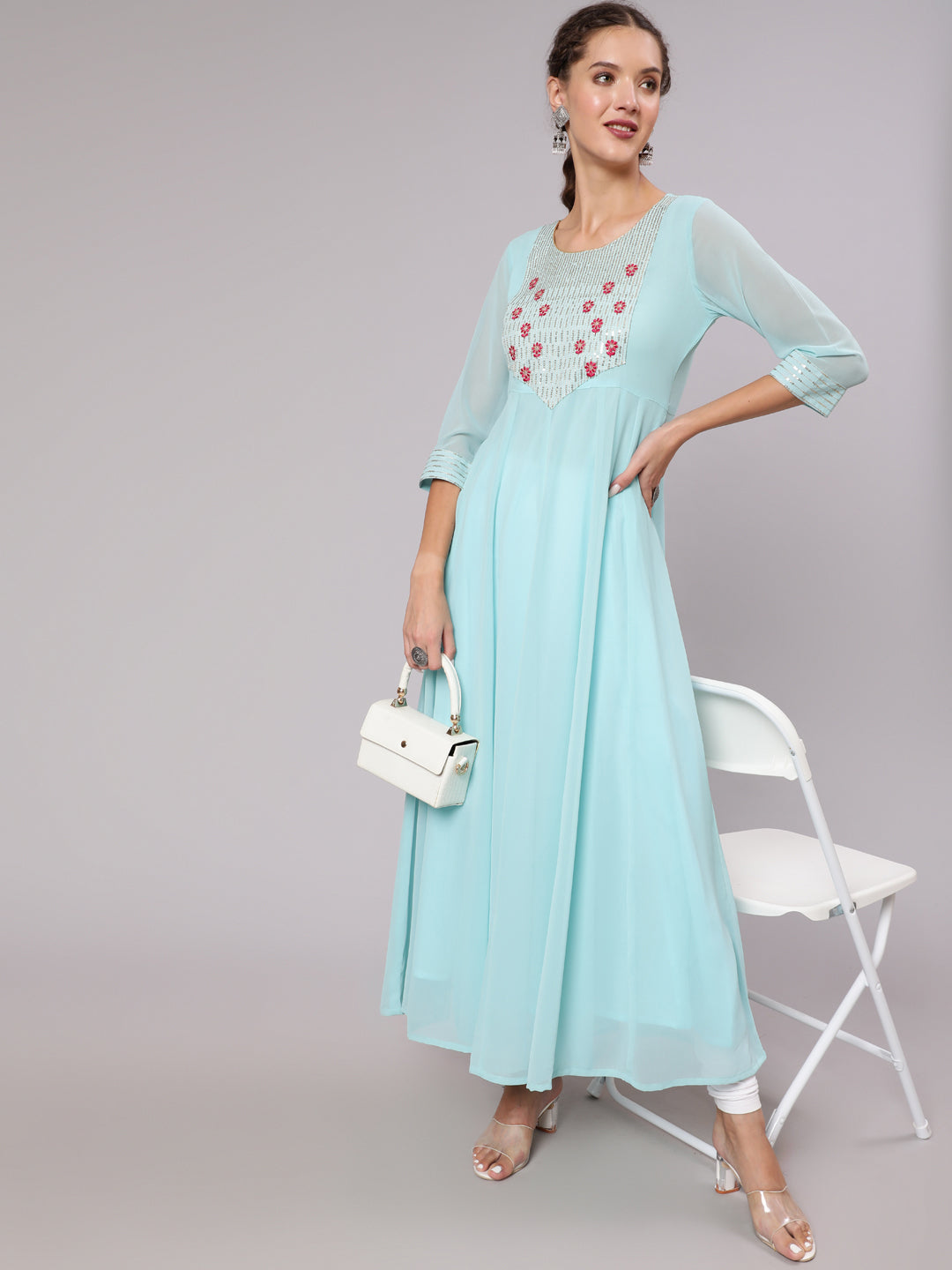 Aqua Georgette Floor Length Embroidered Anarkali Kurta 