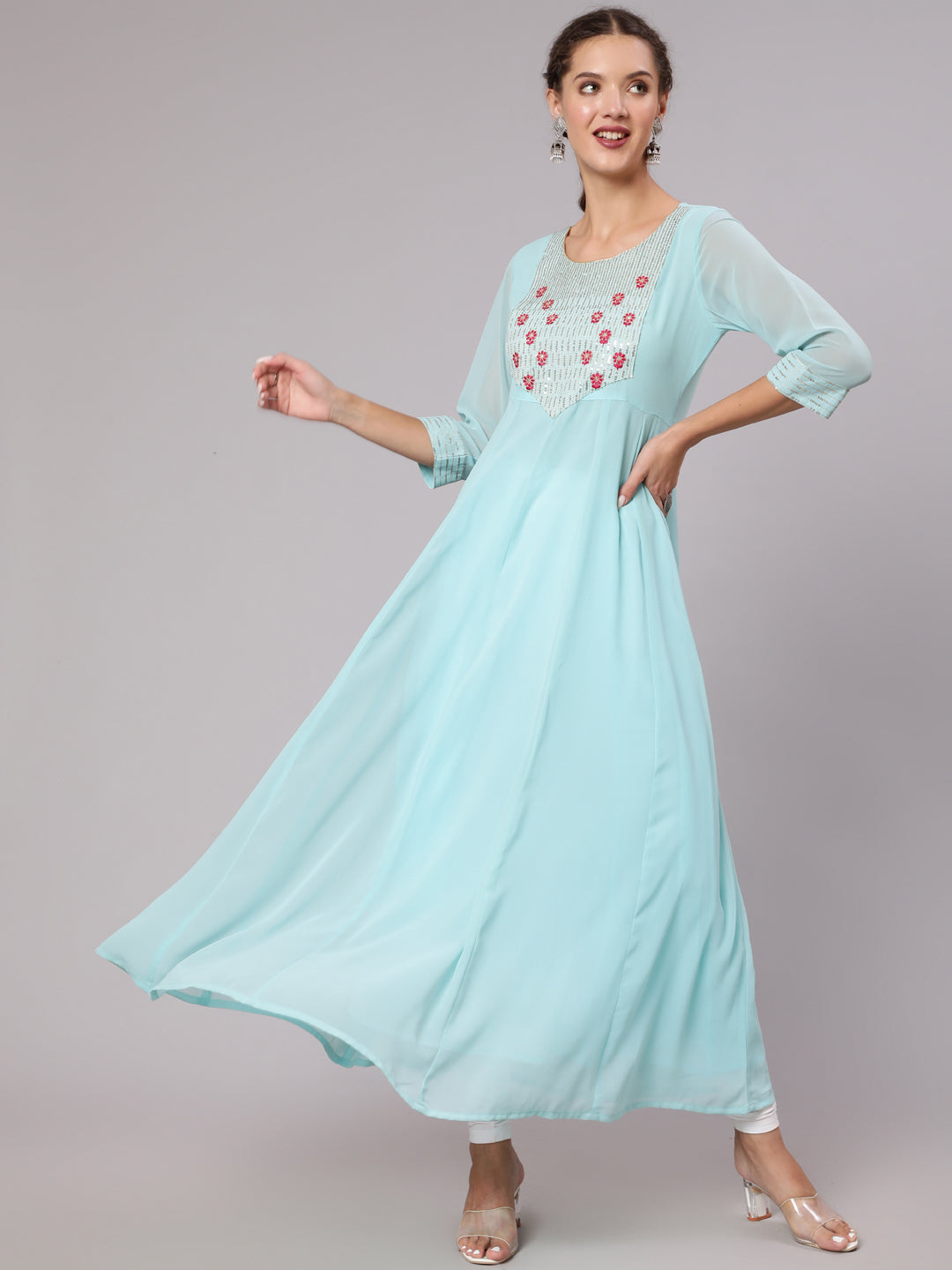 Buy Aqua Georgette Embroidered Anarkali Kurta | Jaipur Kurti	Shop Party wear Aqua Georgette Floor Length Sequence & Thread Embroidered Flared Anarkali Kurta with Three Fourth Sleeves for Women Online at Jaipur Kurti 