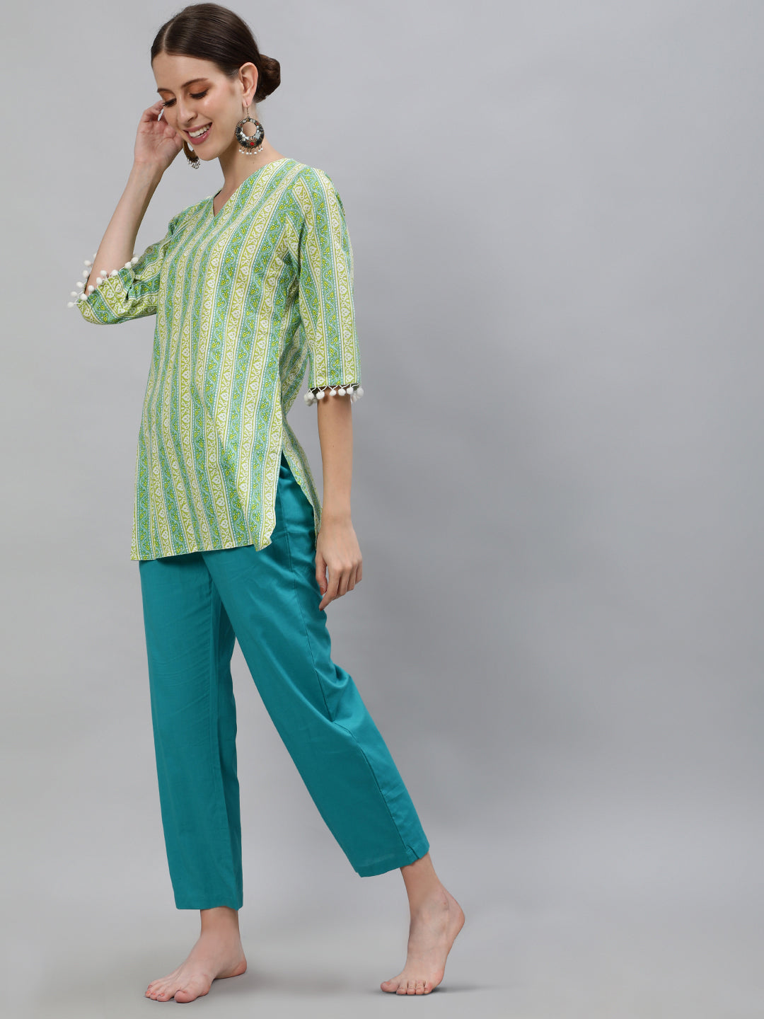 Green Colored Sleepwear Consists Of Short Kurta & Pajamas