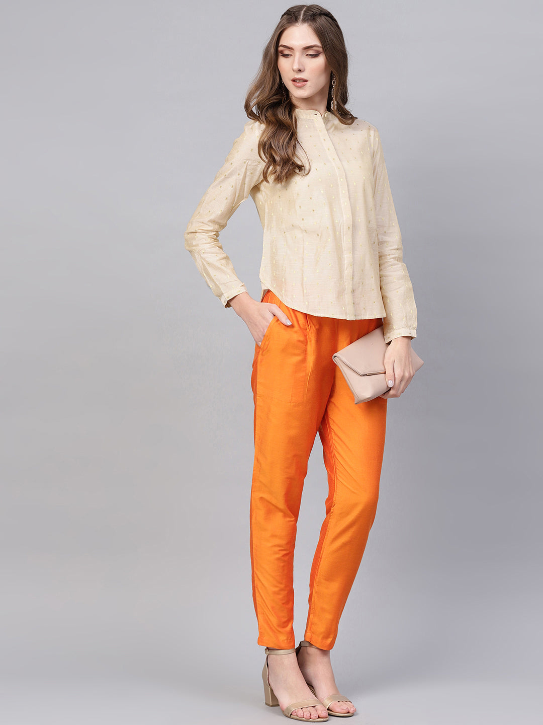 Orange Solid Chanderi Pant