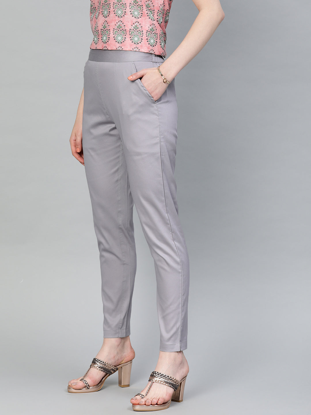 Grey Solid Cotton Lycra Pant