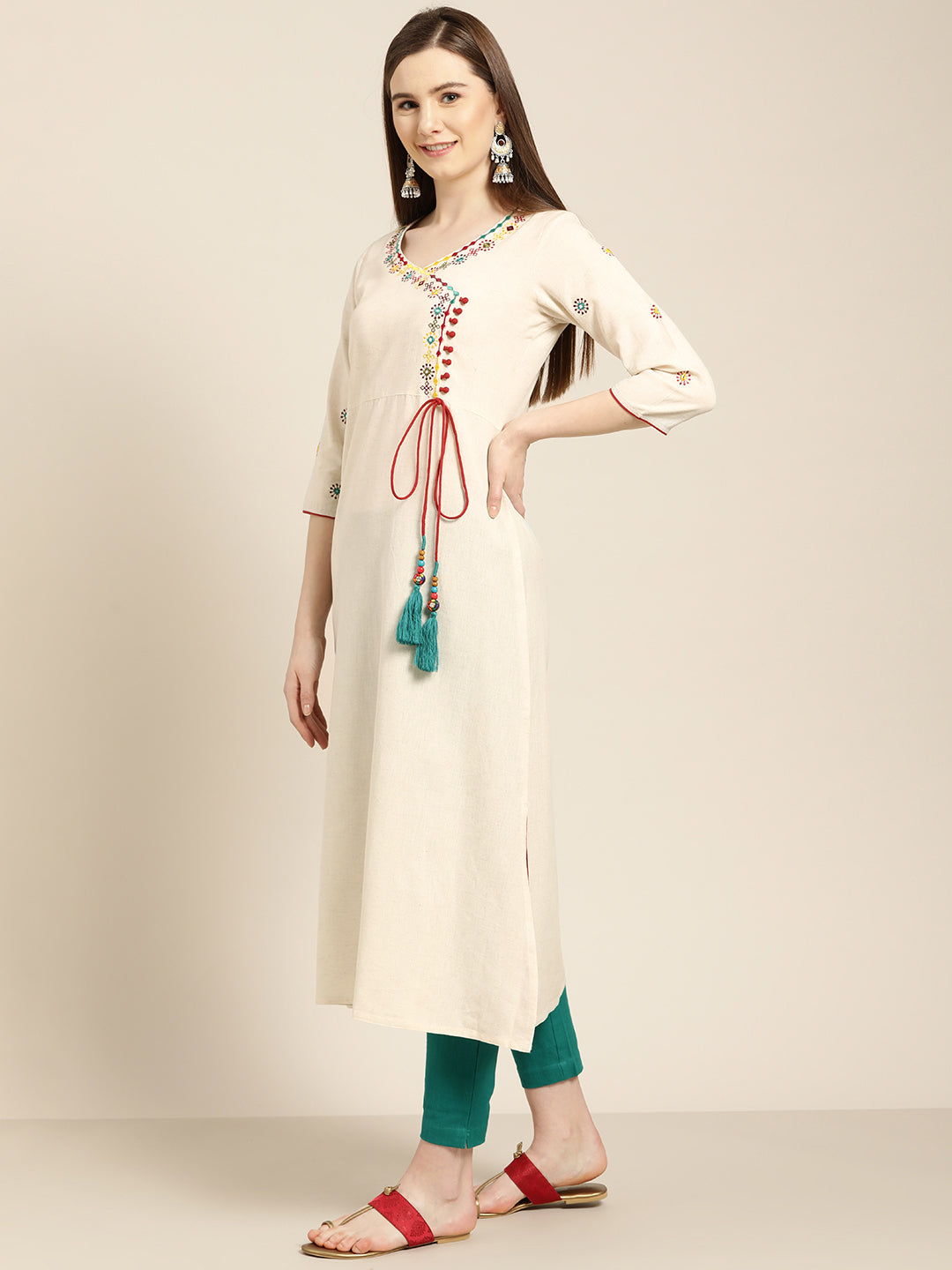 Off White Embroidered A Line Kurta With Solid Pant