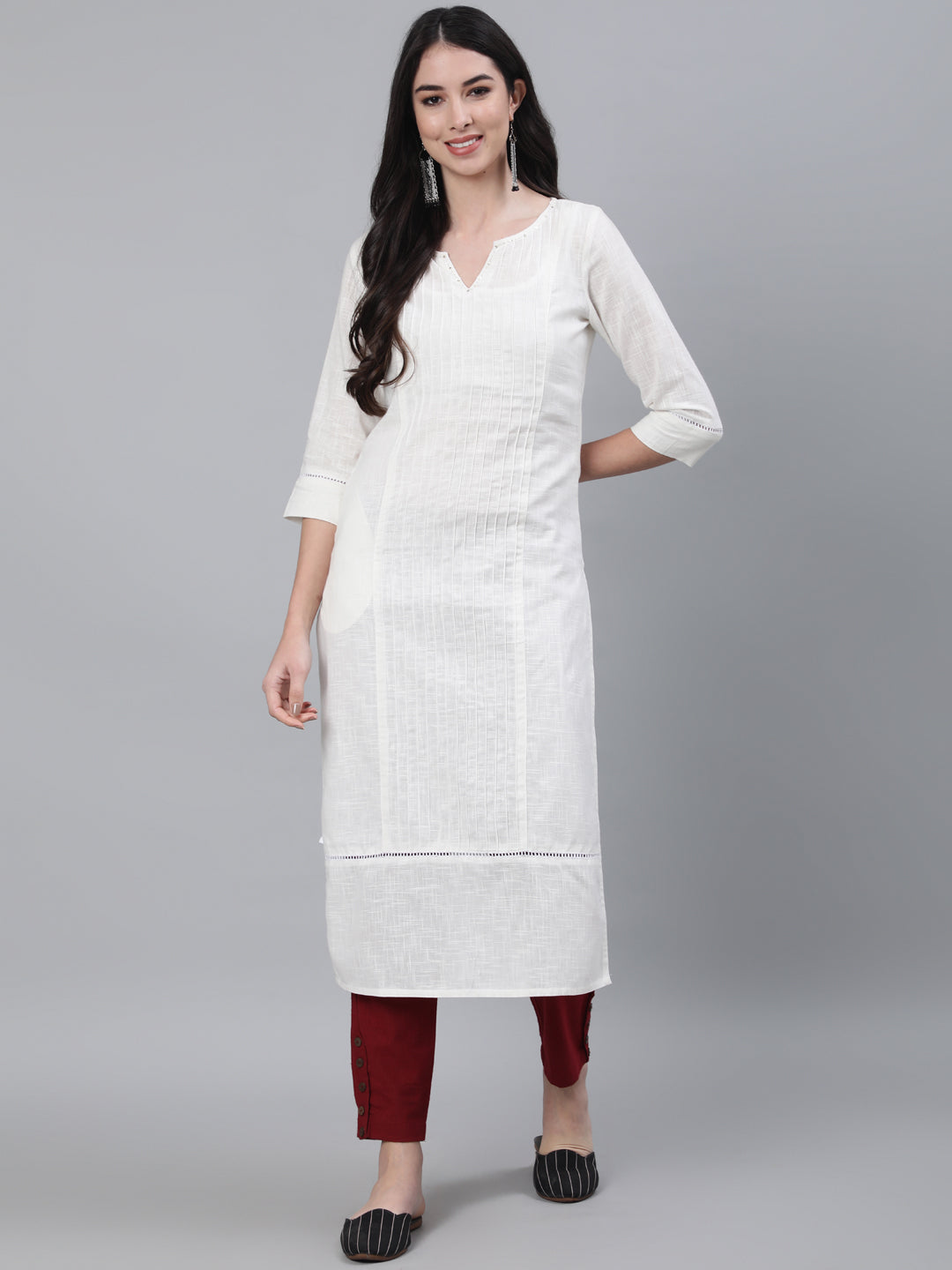 White Cotton Pin Tucks Straight Kurta With Pants