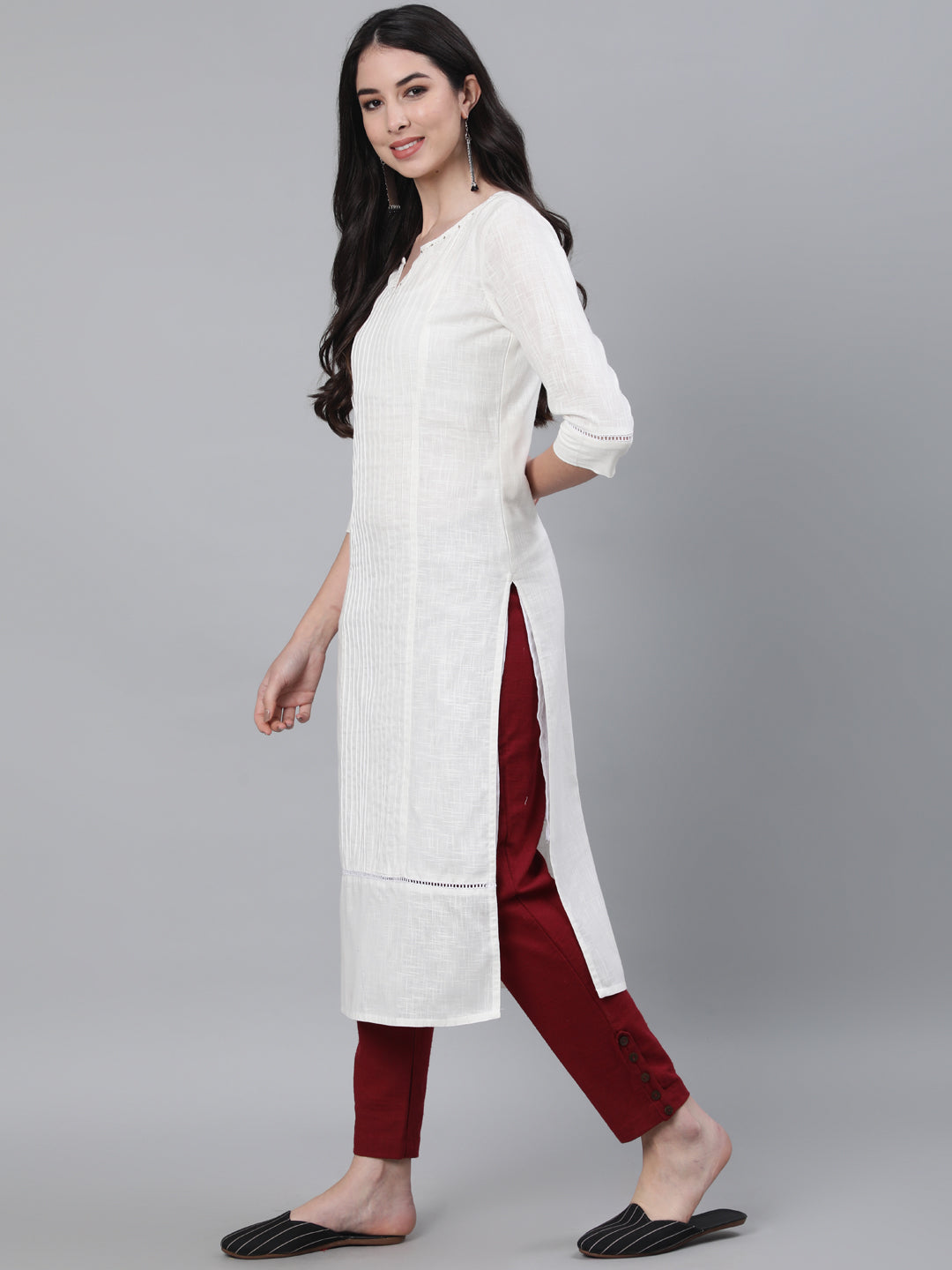 White Cotton Pin Tucks Straight Kurta With Pants