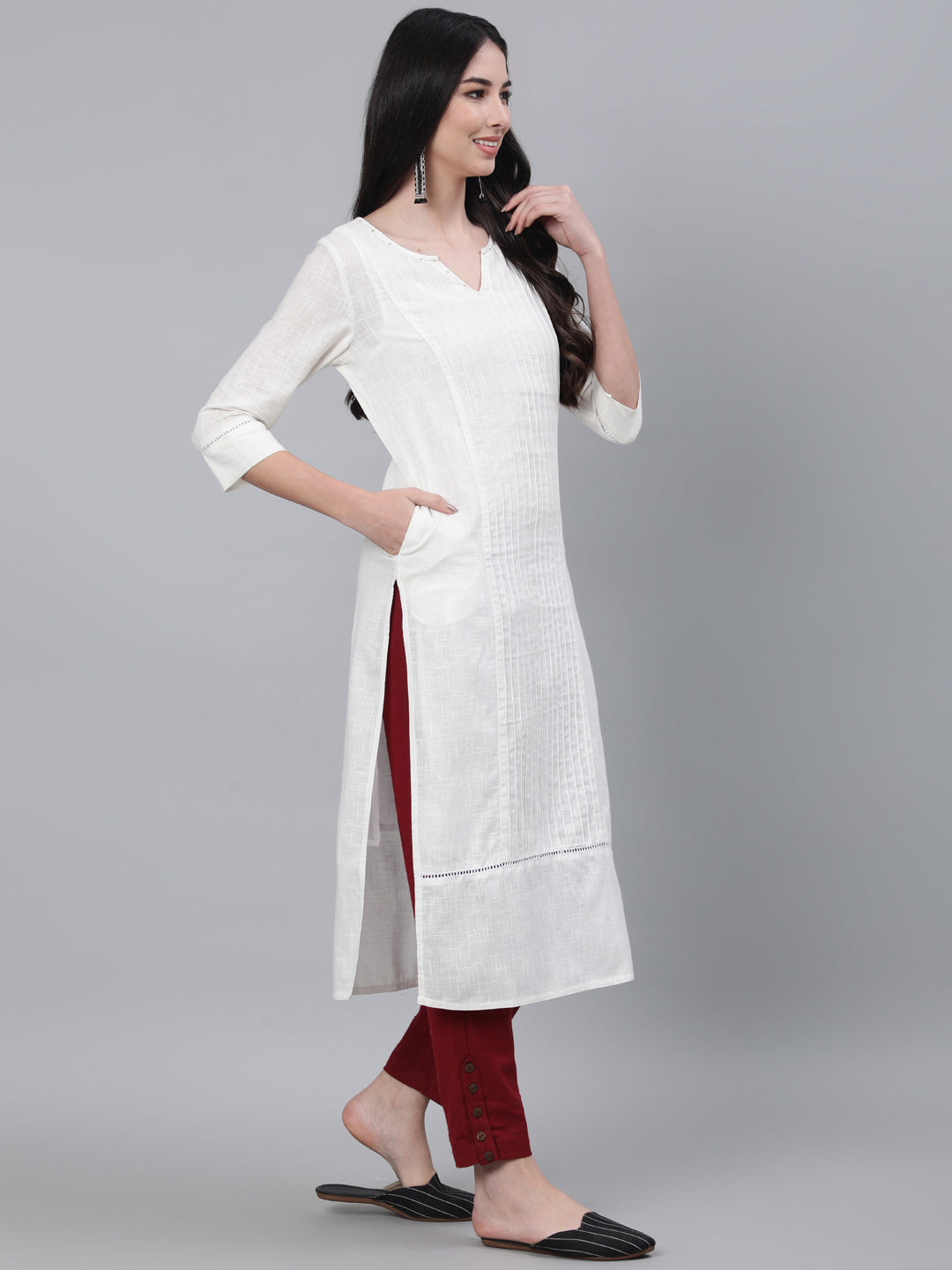 White Cotton Pin Tucks Straight Kurta With Pants