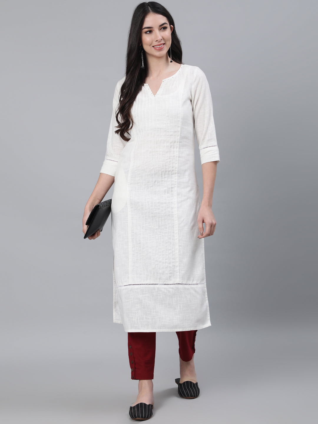 White Cotton Pin Tucks Straight Kurta With Pants