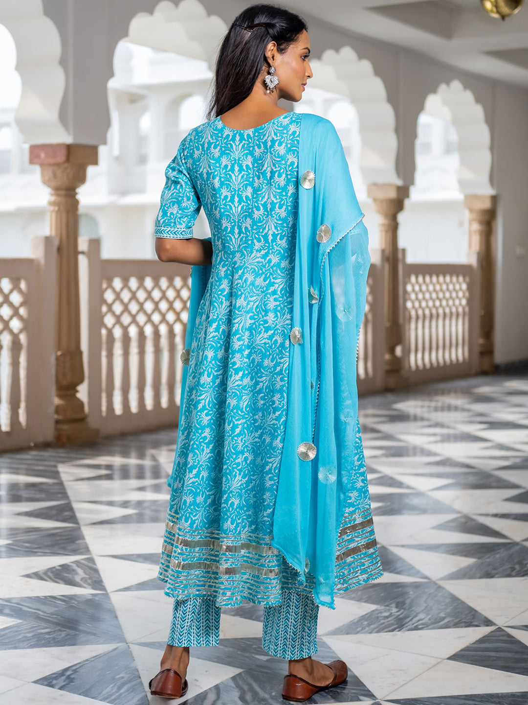 Turquoise Printed Flared Kurta With Pants & Chiffon Dupatta Set