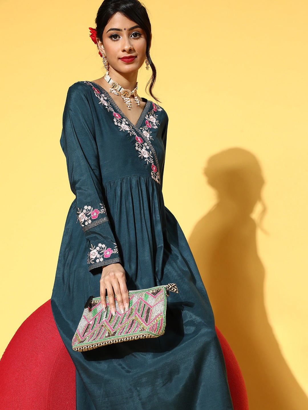 Teal Embroidered Gathers Kurta With Chudidar