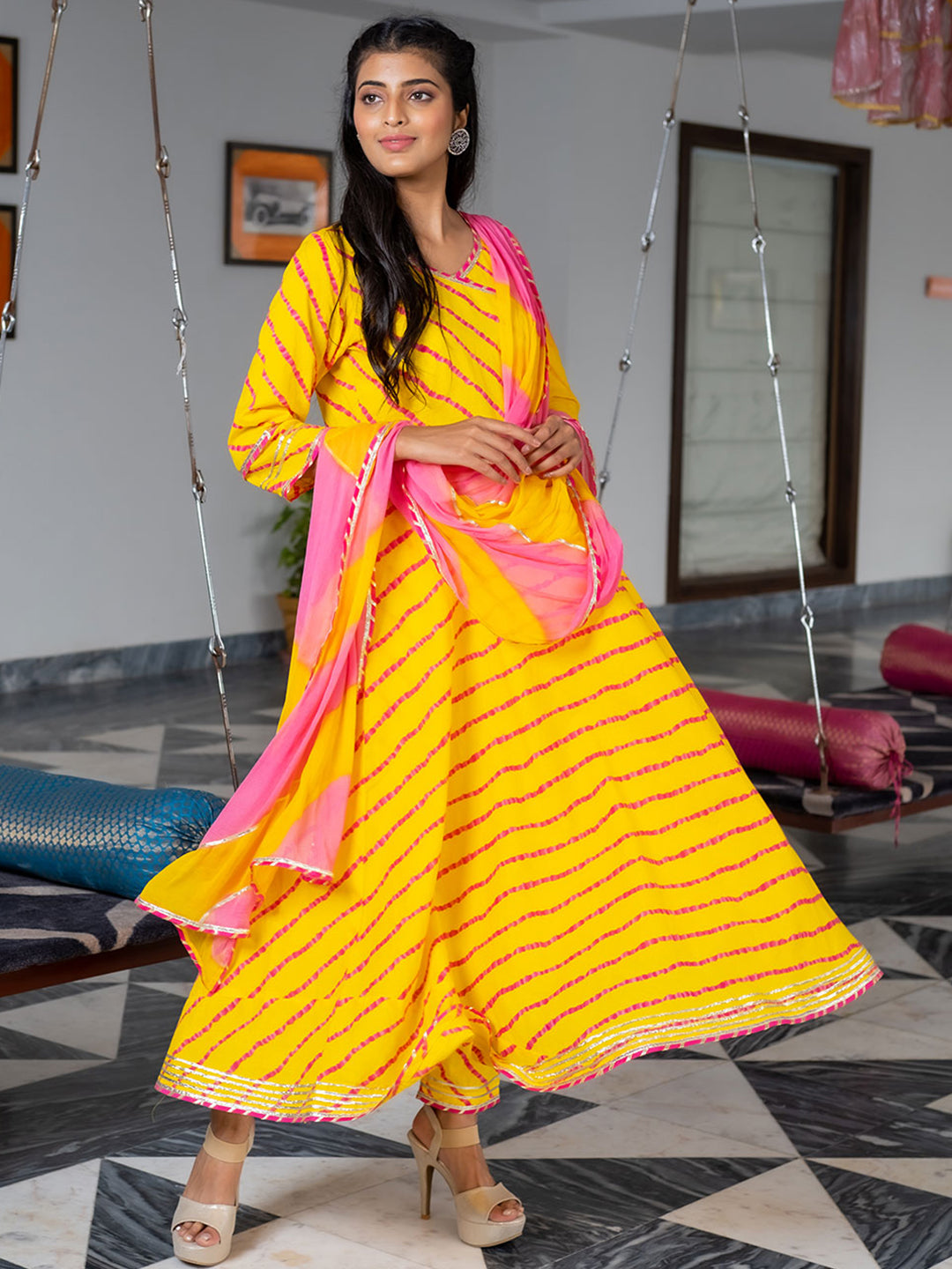 Yellow A-Line Angrakha Leheriya Kurta With Pants & Dupatta