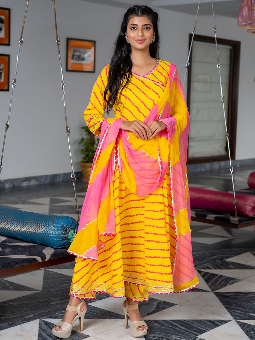 Yellow A-Line Angrakha Leheriya Kurta With Pants & Dupatta