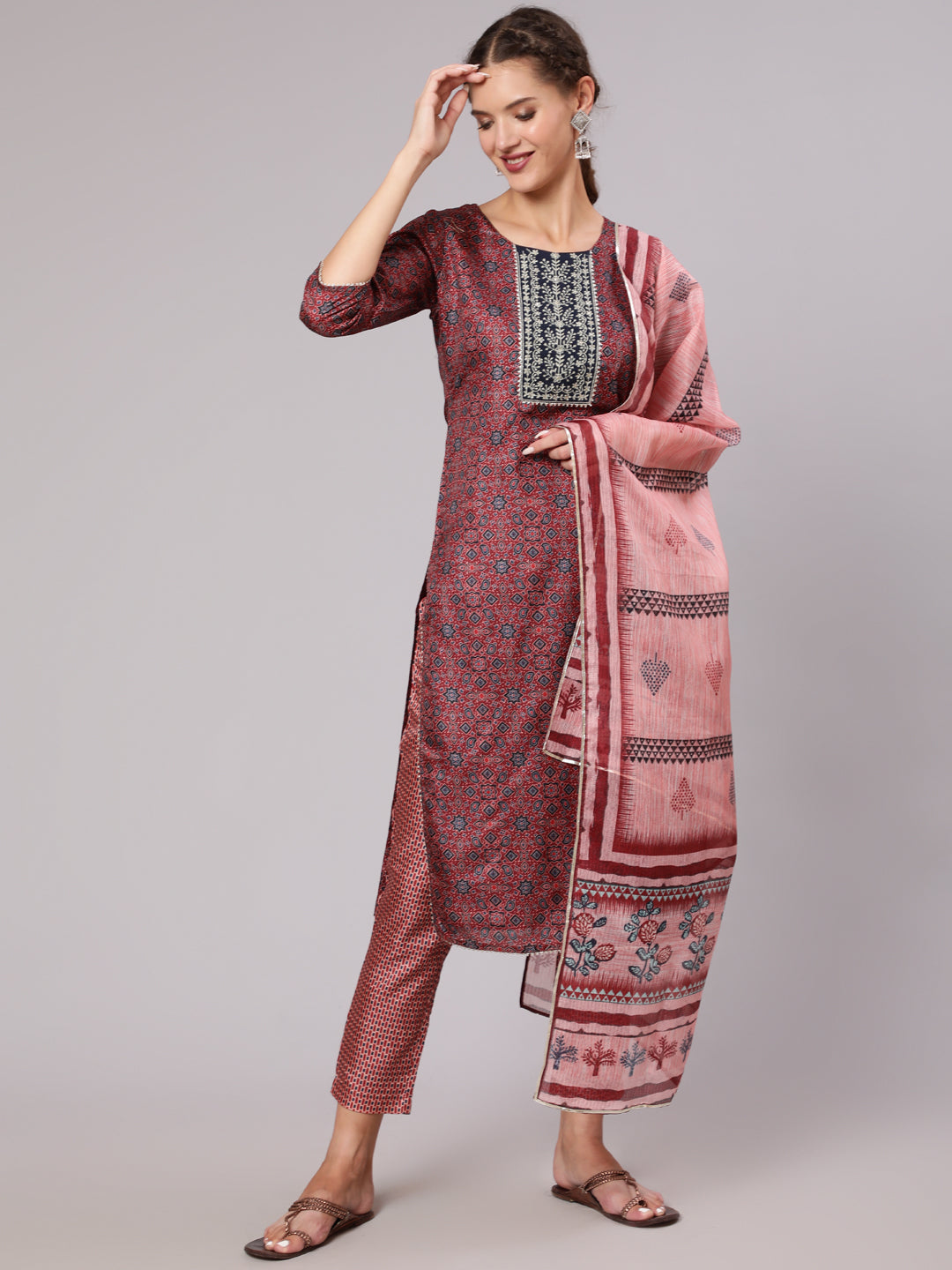 Maroon Silk blend Embroidered printed straight kurta with printed pant & kota doriya dupatta