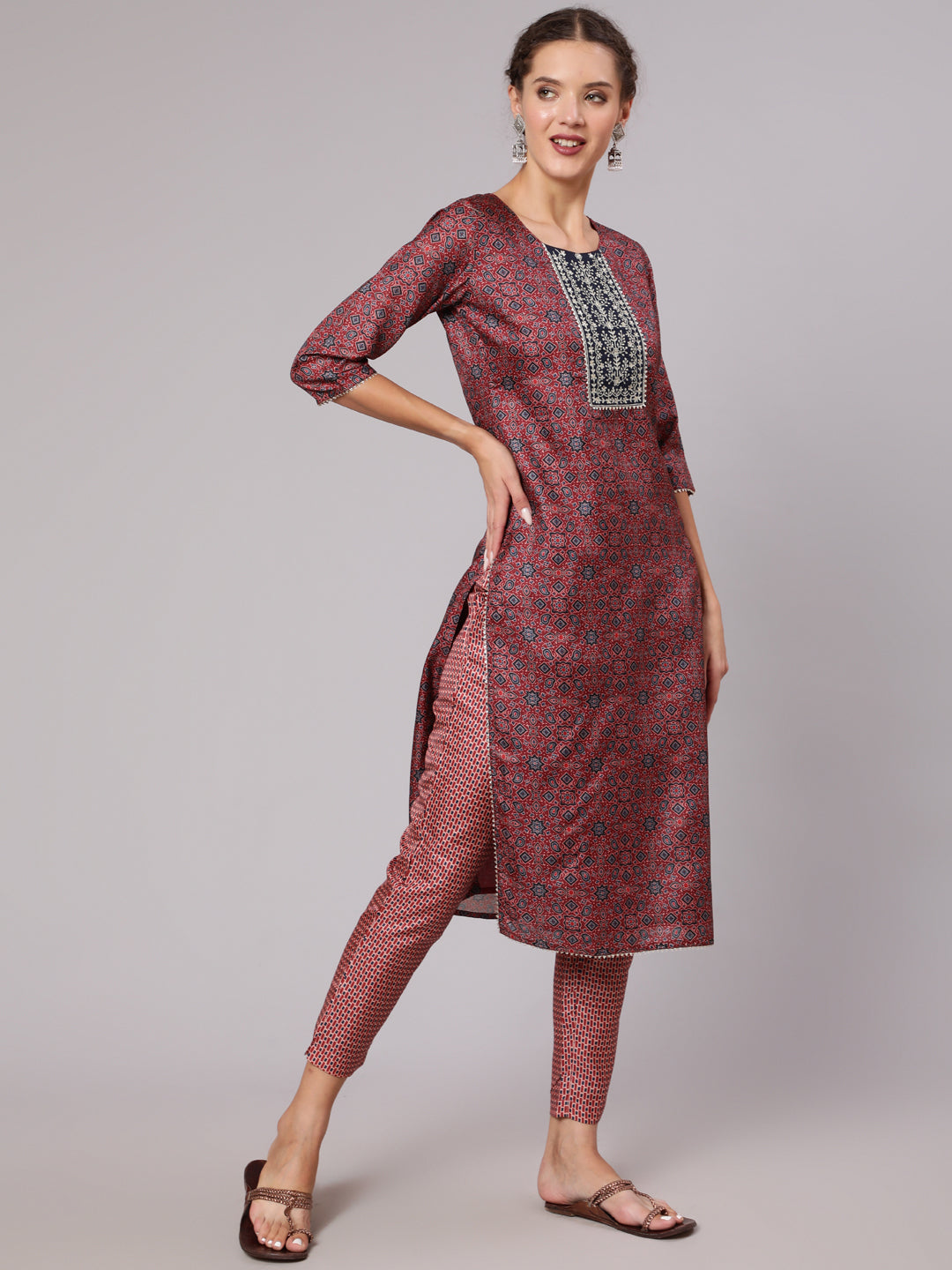 Maroon Silk blend Embroidered printed straight kurta with printed pant & kota doriya dupatta