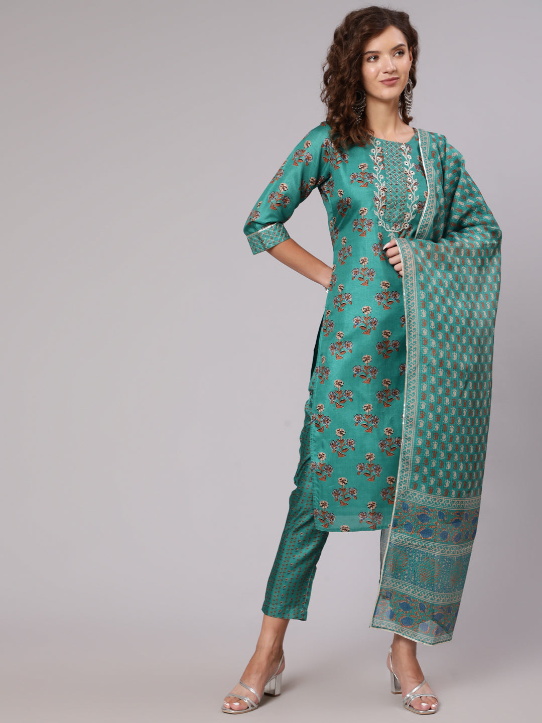 Sea Green Tussar Silk Kurta Has Round Neck, Zari Work In Front Yoke , Three Fourth Sleeves Has Gota Lace, Side Slit, Straight Hem, Cotton Mulmul Lining Attached To It, Printed Silk Blend Palazzo Has Both Side Pocket And Partially Elastic At Waist Ans Has Cotton Mulmul Lining Attached To It., Supernet Printed Dupatta Has Gota Lace All Over The Dupatta.