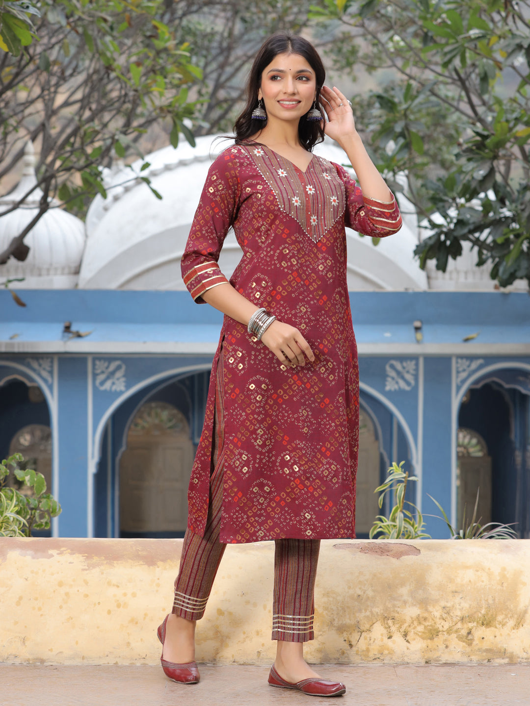 Maroon Printed Kurta With Pants