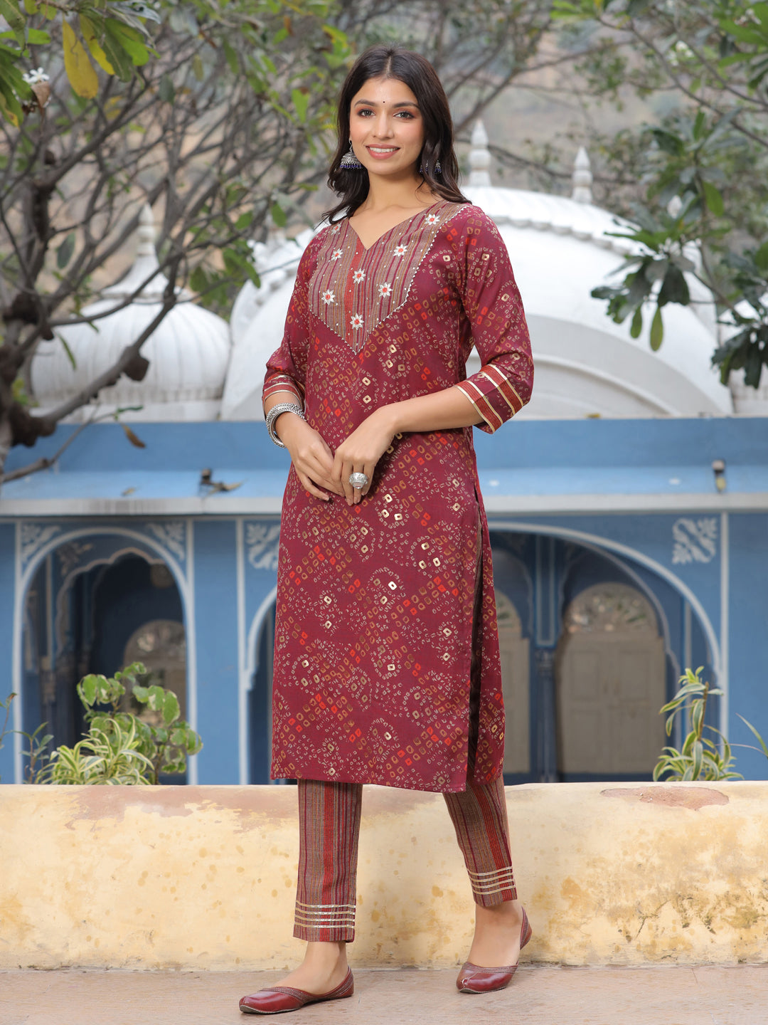 Maroon Printed Kurta With Pants