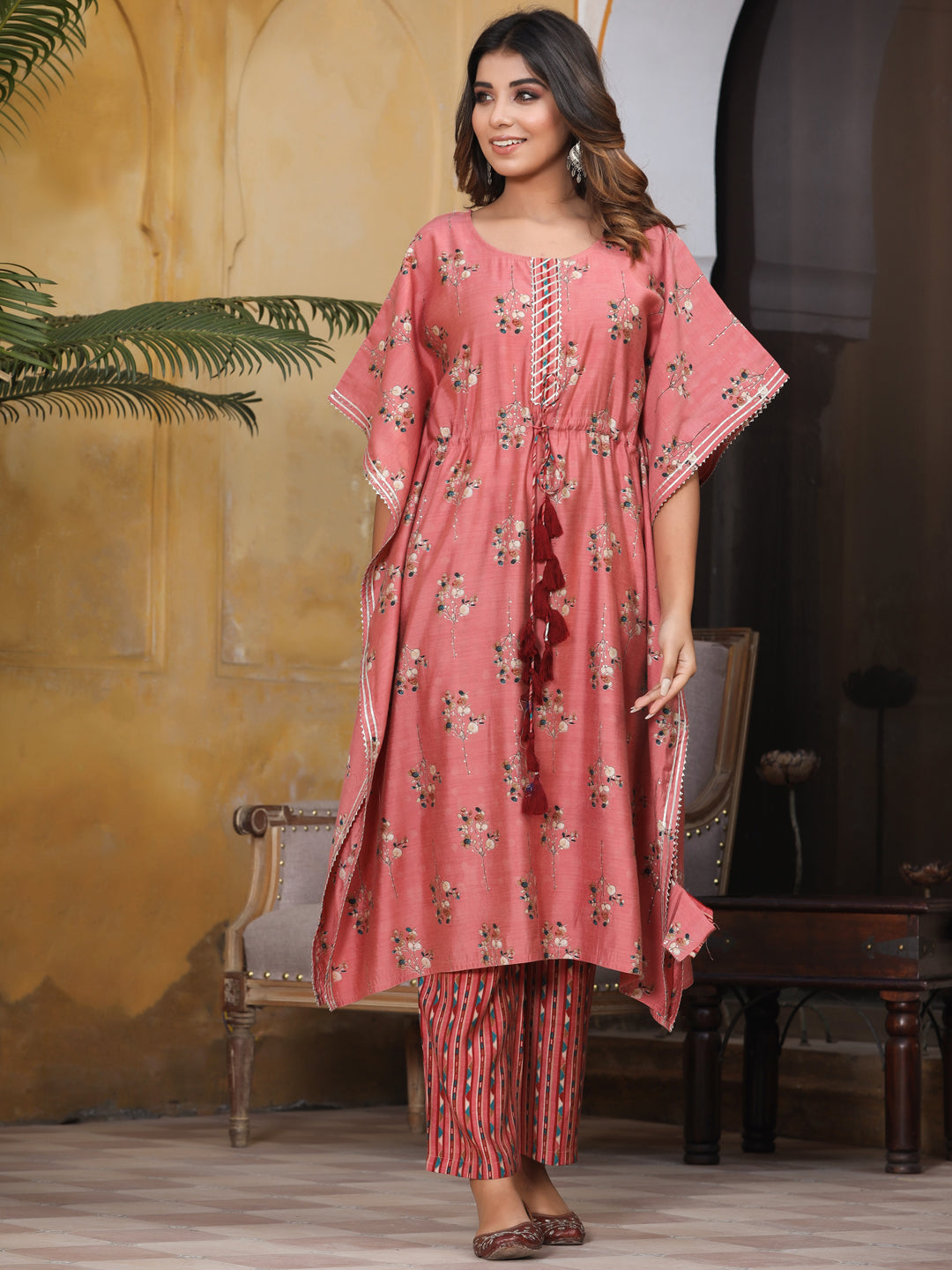 Pink Chanderi Printed Kaftan With Pants